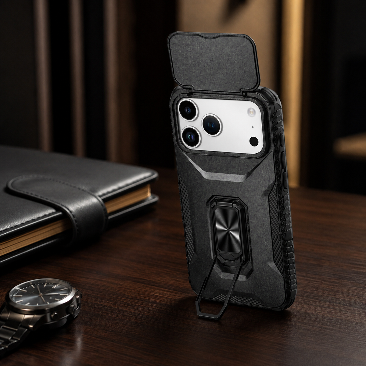 Premium iPhone Case Hybrid Armor Shockproof PC TPU Slide Camera Cover Magnetic Metal Ring Holder Kickstand Heavy Duty Protective Phone Case