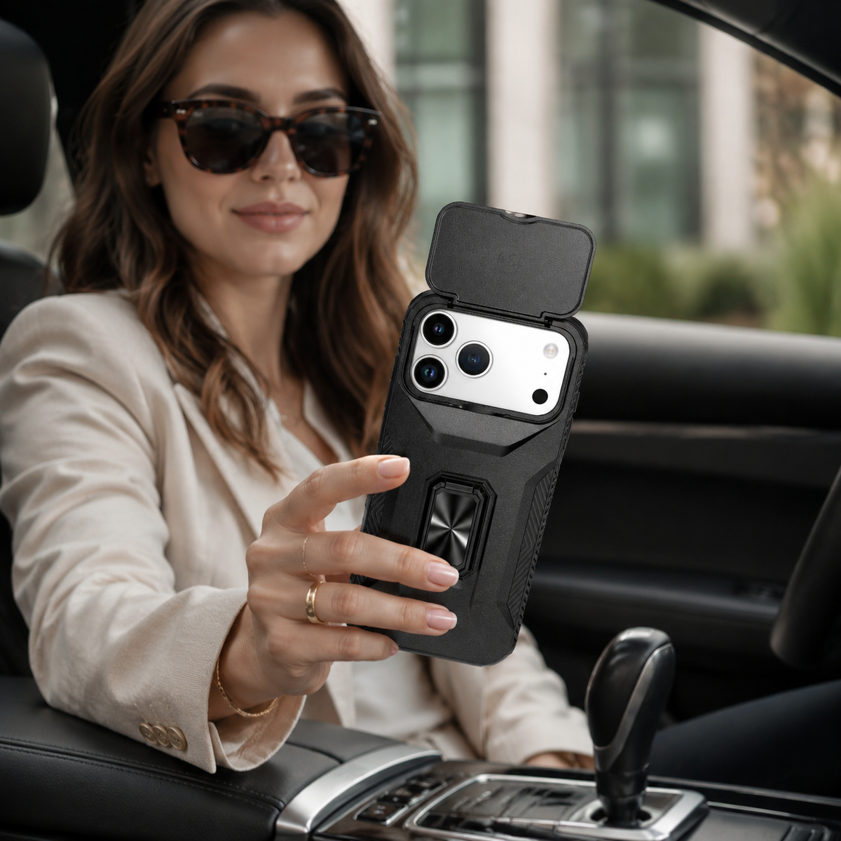 Premium iPhone Case Hybrid Armor Shockproof PC TPU Slide Camera Cover Magnetic Metal Ring Holder Kickstand Heavy Duty Protective Phone Case
