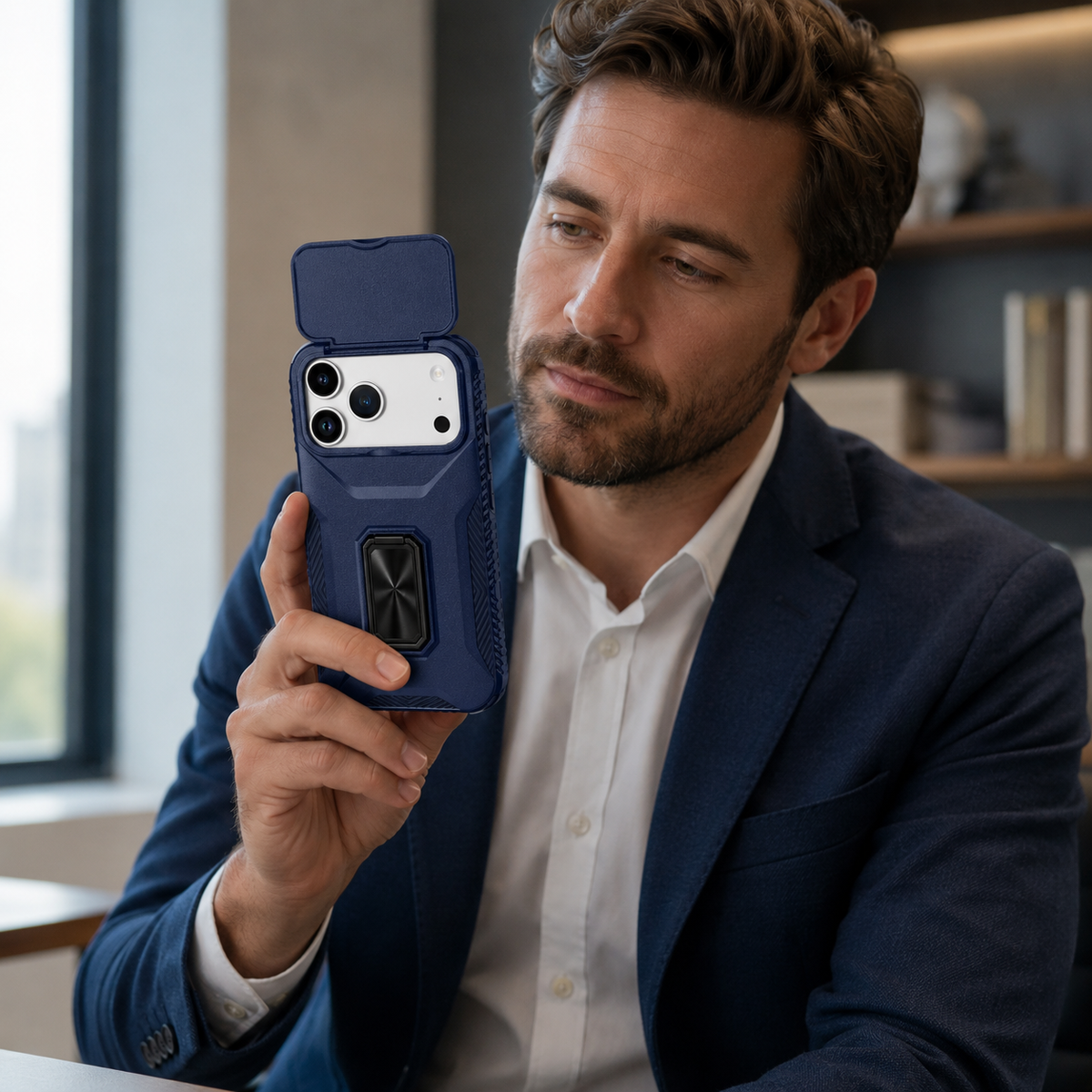 Premium iPhone Case Hybrid Armor Shockproof PC TPU Slide Camera Cover Magnetic Metal Ring Holder Kickstand Heavy Duty Protective Phone Case