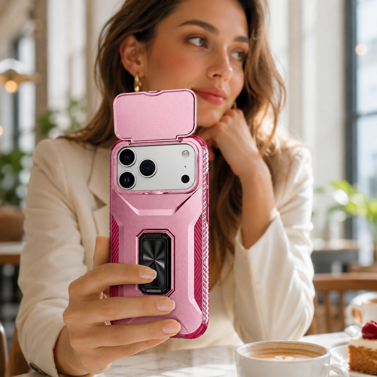 Premium iPhone Case Hybrid Armor Shockproof PC TPU Slide Camera Cover Magnetic Metal Ring Holder Kickstand Heavy Duty Protective Phone Case