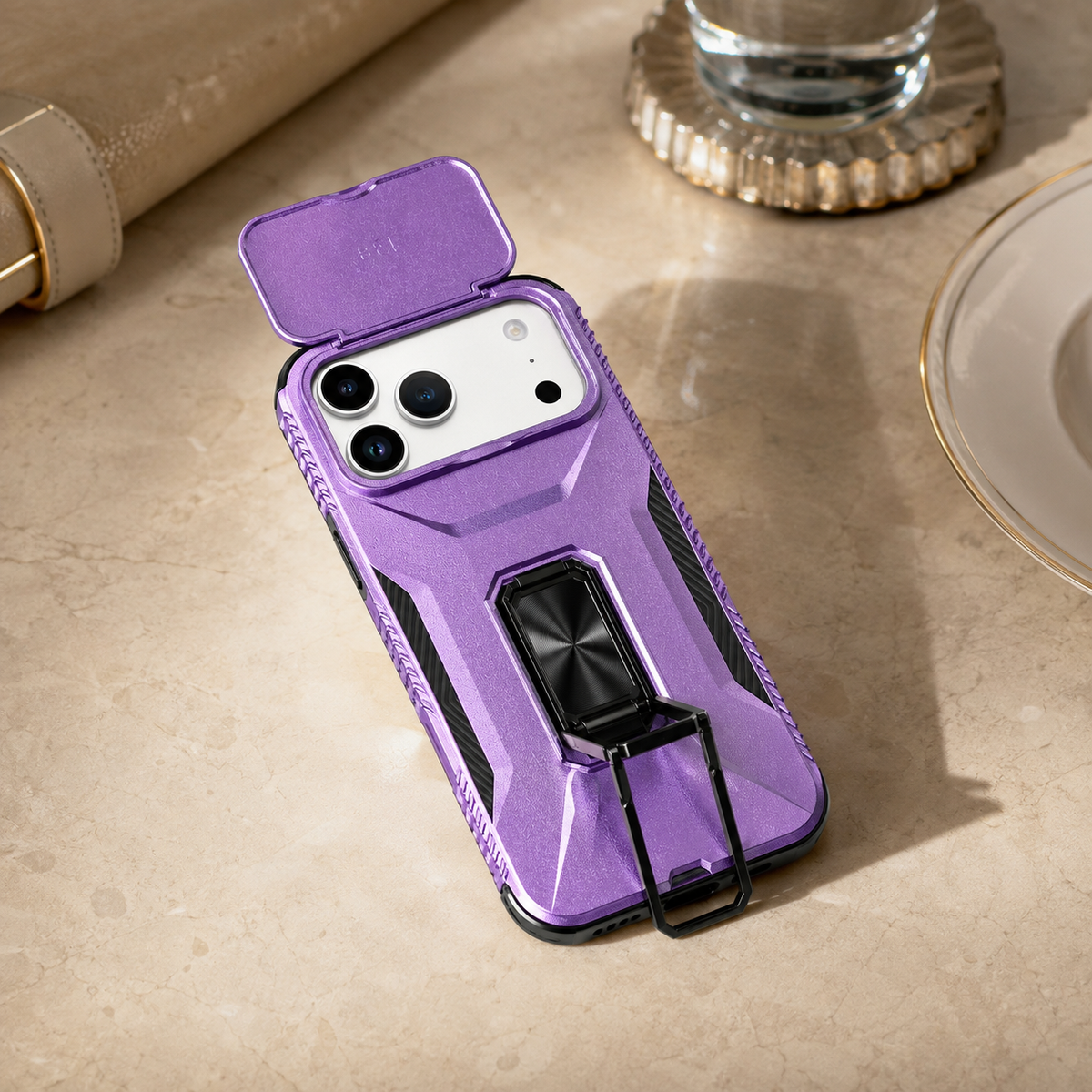 Premium iPhone Case Hybrid Armor Shockproof PC TPU Slide Camera Cover Magnetic Metal Ring Holder Kickstand Heavy Duty Protective Phone Case