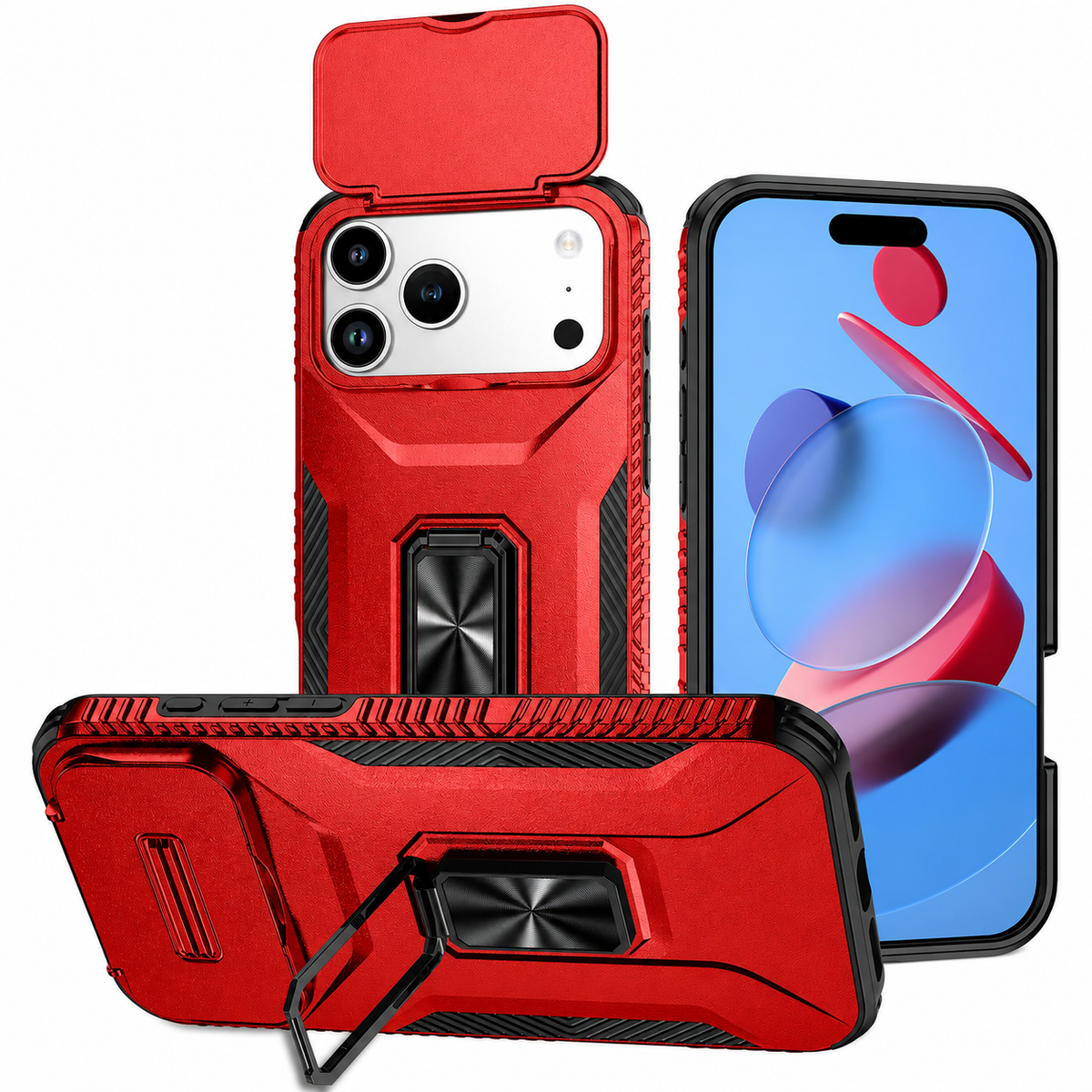 Premium iPhone Case Hybrid Armor Shockproof PC TPU Slide Camera Cover Magnetic Metal Ring Holder Kickstand Heavy Duty Protective Phone Case