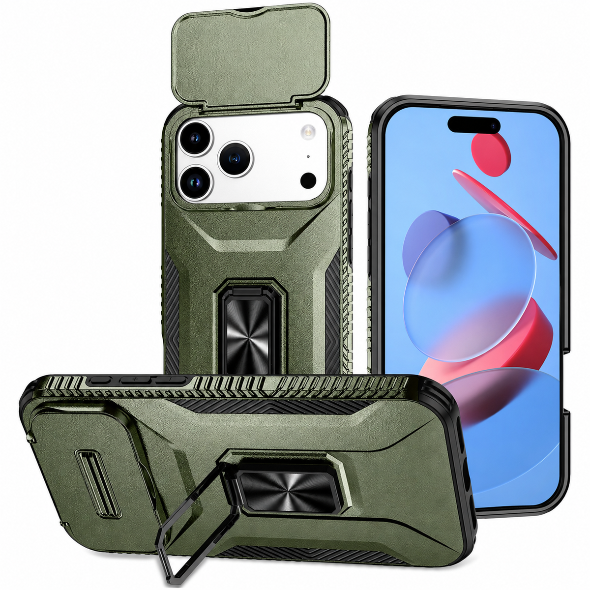 Premium iPhone Case Hybrid Armor Shockproof PC TPU Slide Camera Cover Magnetic Metal Ring Holder Kickstand Heavy Duty Protective Phone Case