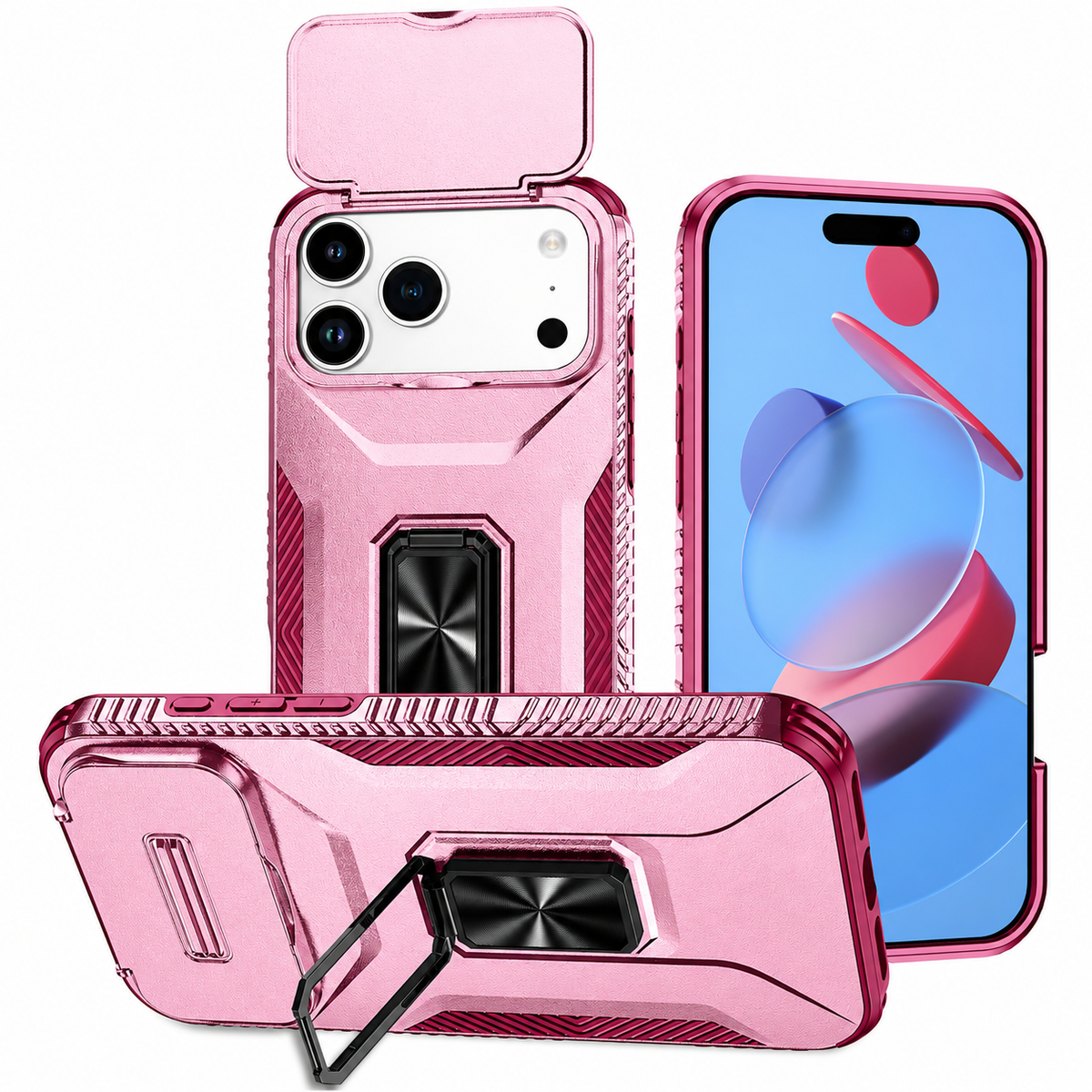 Premium iPhone Case Hybrid Armor Shockproof PC TPU Slide Camera Cover Magnetic Metal Ring Holder Kickstand Heavy Duty Protective Phone Case