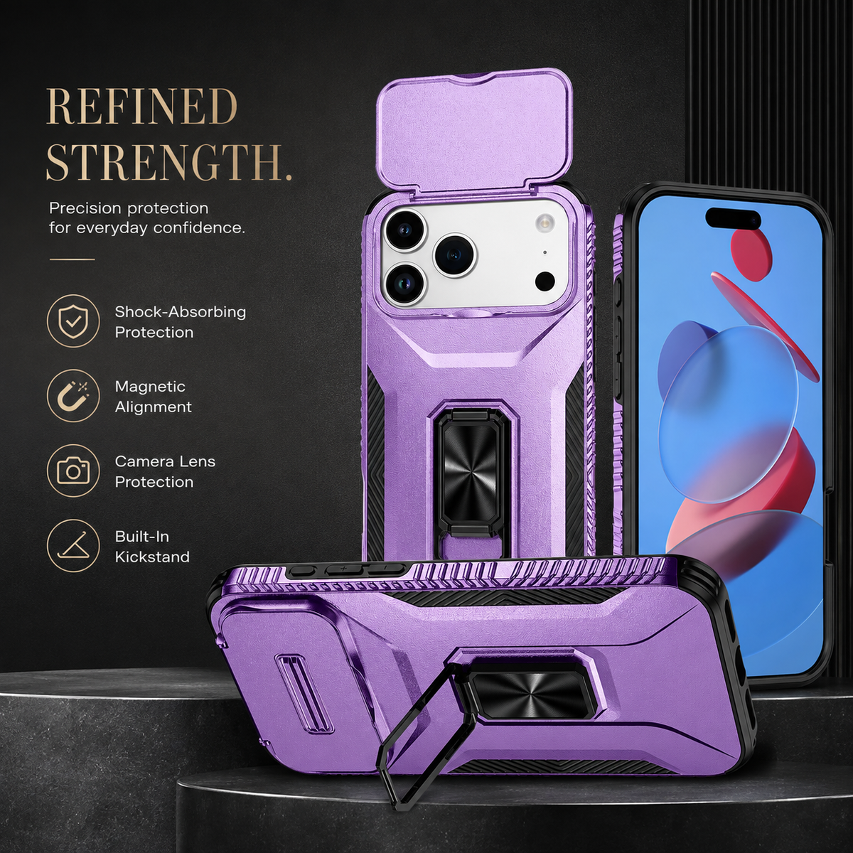 Premium iPhone Case Hybrid Armor Shockproof PC TPU Slide Camera Cover Magnetic Metal Ring Holder Kickstand Heavy Duty Protective Phone Case