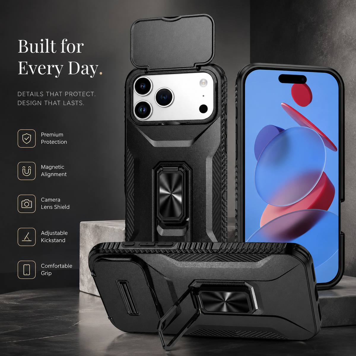 Premium iPhone Case Hybrid Armor Shockproof PC TPU Slide Camera Cover Magnetic Metal Ring Holder Kickstand Heavy Duty Protective Phone Case