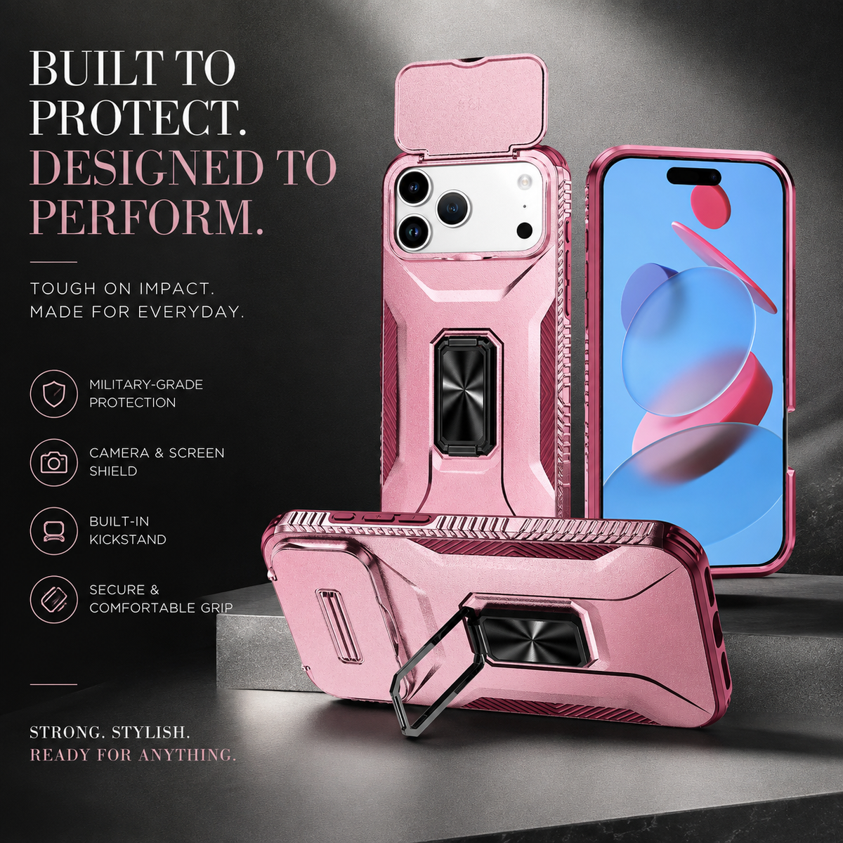 Premium iPhone Case Hybrid Armor Shockproof PC TPU Slide Camera Cover Magnetic Metal Ring Holder Kickstand Heavy Duty Protective Phone Case