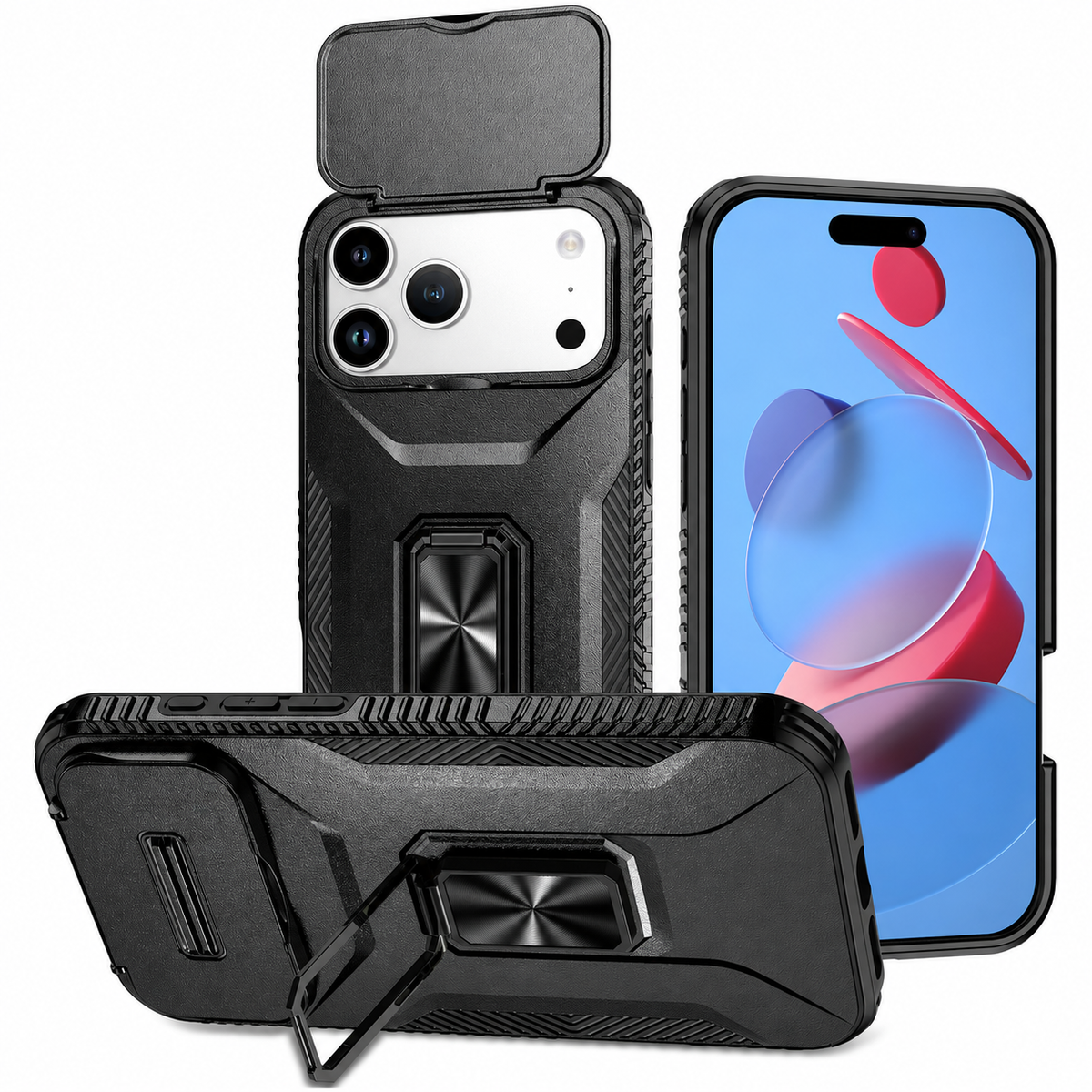 Premium iPhone Case Hybrid Armor Shockproof PC TPU Slide Camera Cover Magnetic Metal Ring Holder Kickstand Heavy Duty Protective Phone Case