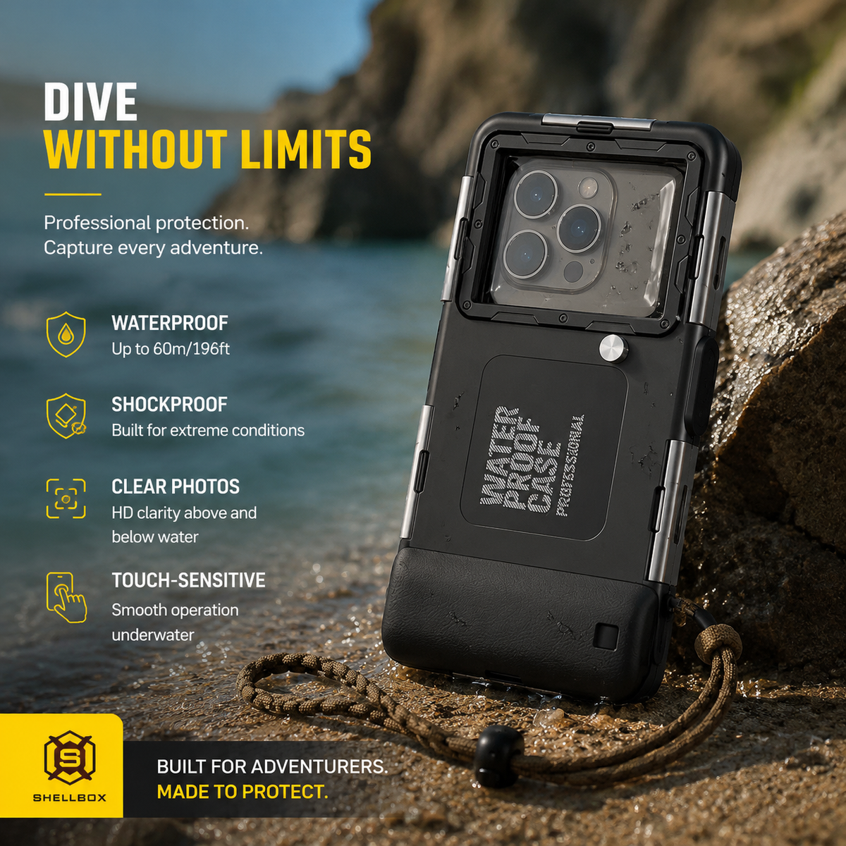Premium iPhone Case IP68 Waterproof Protective Cover Full Body Shockproof Anti Scratch Seal 15m Underwater Protection Secure Lanyard Durable Design