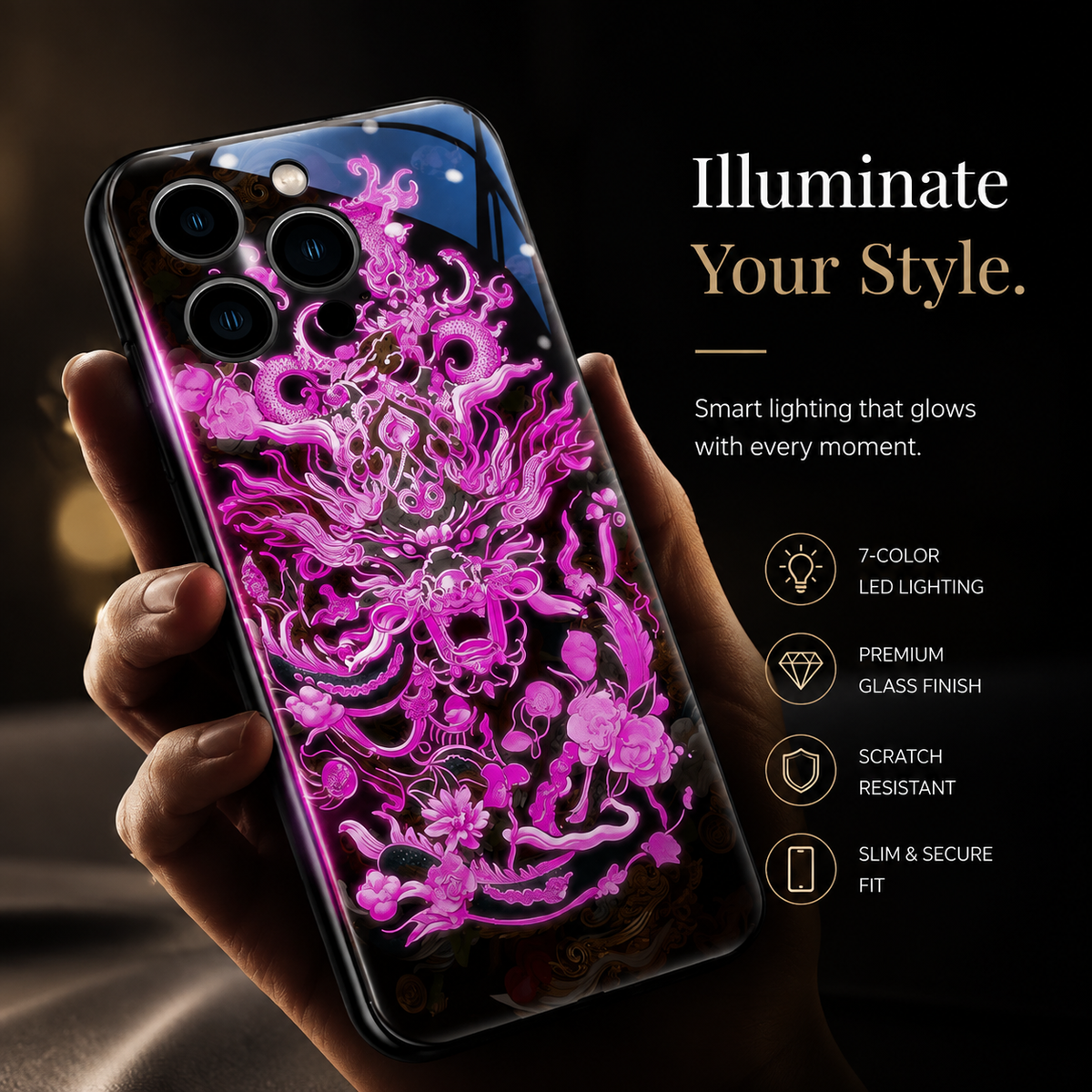 Premium iPhone Case LED Luminous Protective Cover Golden Dragon Design Sound Reactive Tempered Glass Back Shockproof TPU Frame Ultra Thin Full Protection