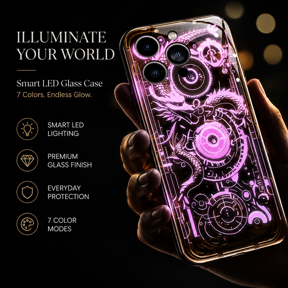 Premium iPhone Case LED Luminous Protective Cover Golden Dragon Design Sound Reactive Tempered Glass Back Shockproof TPU Frame Ultra Thin Full Protection