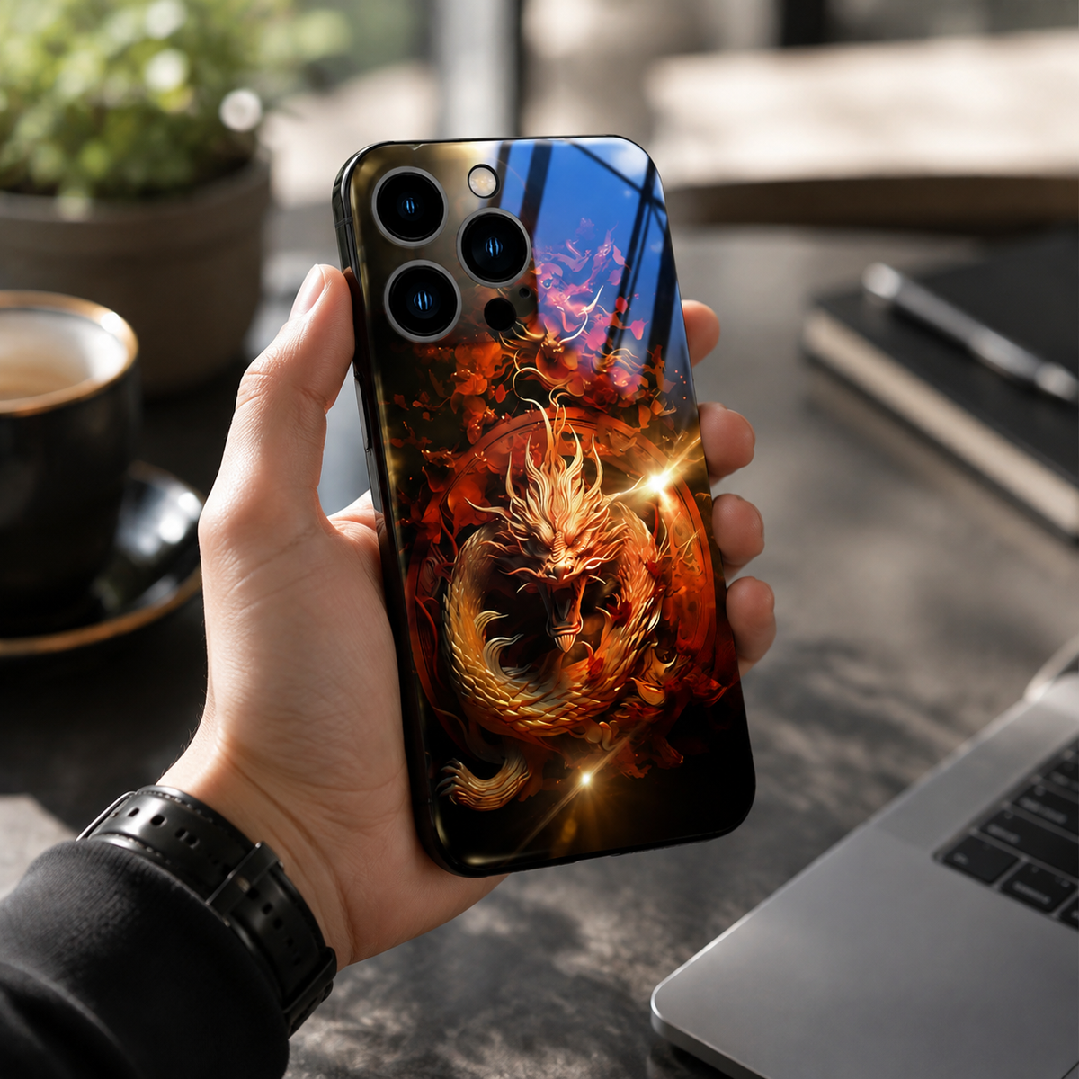 Premium iPhone Case LED Luminous Protective Cover Golden Dragon Design Sound Reactive Tempered Glass Back Shockproof TPU Frame Ultra Thin Full Protection
