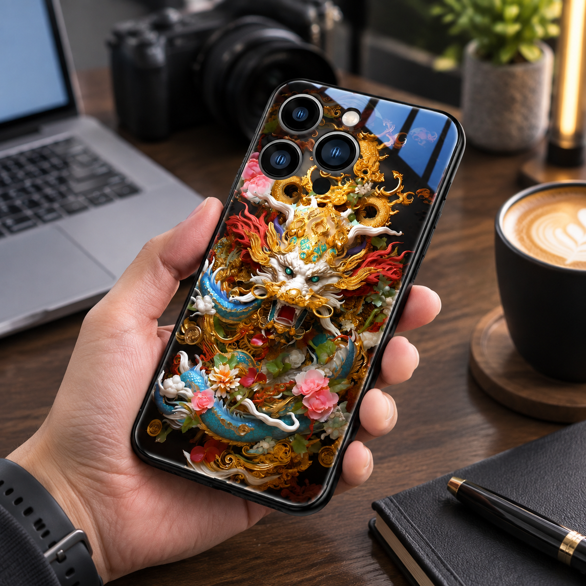 Premium iPhone Case LED Luminous Protective Cover Golden Dragon Design Sound Reactive Tempered Glass Back Shockproof TPU Frame Ultra Thin Full Protection