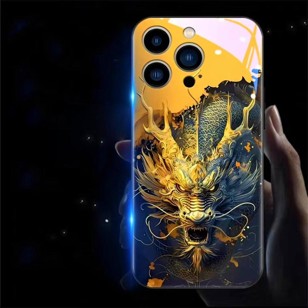 Premium iPhone Case LED Luminous Protective Cover Golden Dragon Design Sound Reactive Tempered Glass Back Shockproof TPU Frame Ultra Thin Full Protection