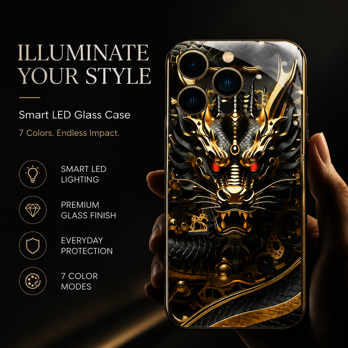 Premium iPhone Case LED Luminous Protective Cover Golden Dragon Design Sound Reactive Tempered Glass Back Shockproof TPU Frame Ultra Thin Full Protection