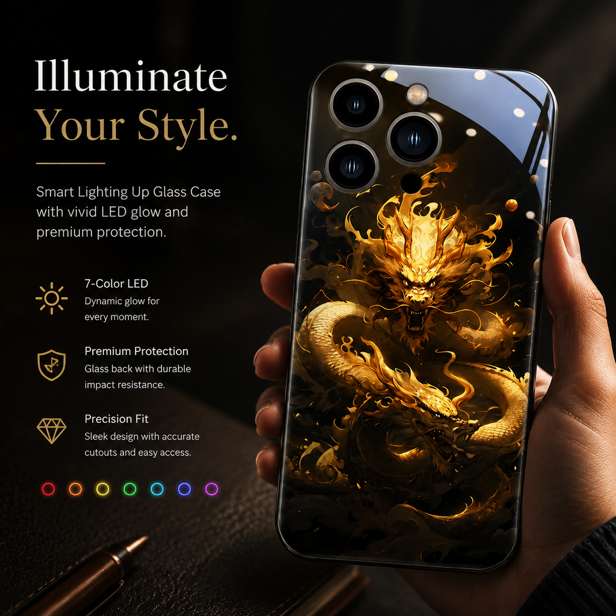 Premium iPhone Case LED Luminous Protective Cover Sound Reactive Tempered Glass Shockproof Camera Lens Protection Slim Full Coverage