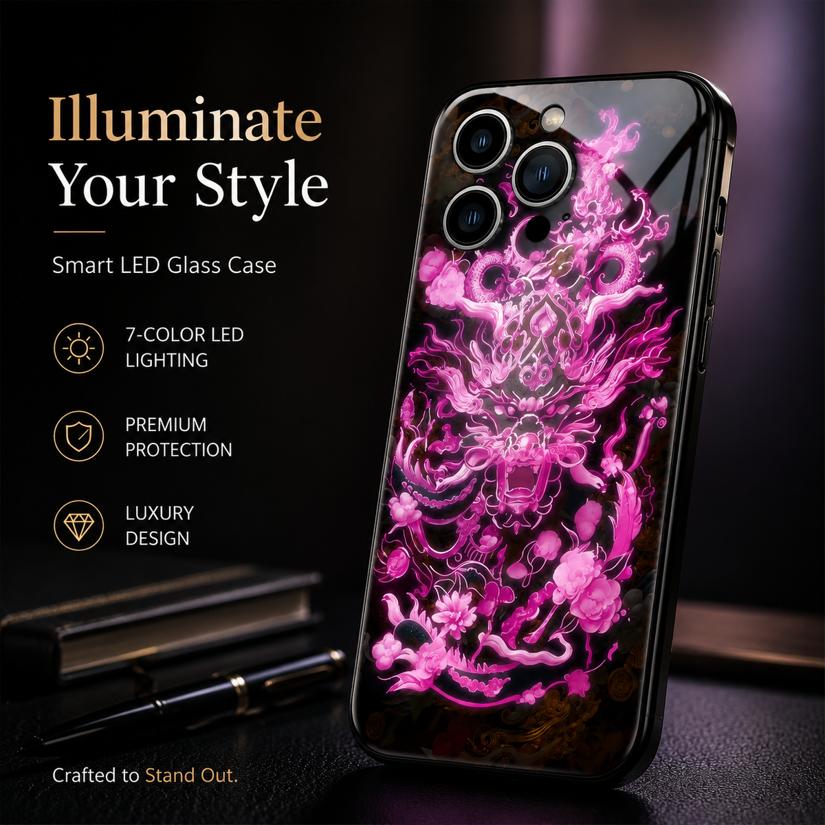 Premium iPhone Case LED Luminous Protective Cover Sound Reactive Tempered Glass Shockproof Camera Lens Protection Slim Full Coverage
