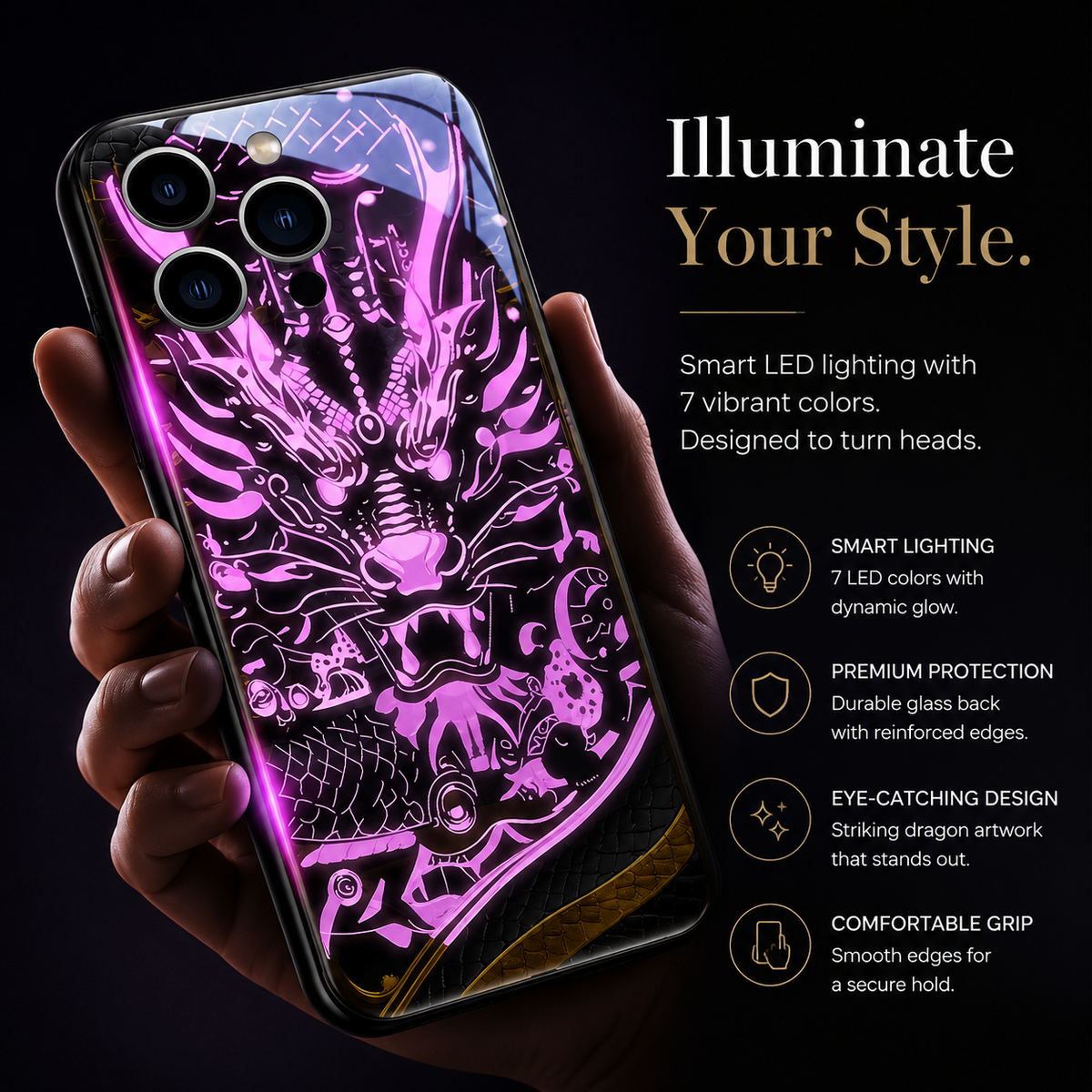 Premium iPhone Case LED Luminous Protective Cover Sound Reactive Tempered Glass Shockproof Camera Lens Protection Slim Full Coverage