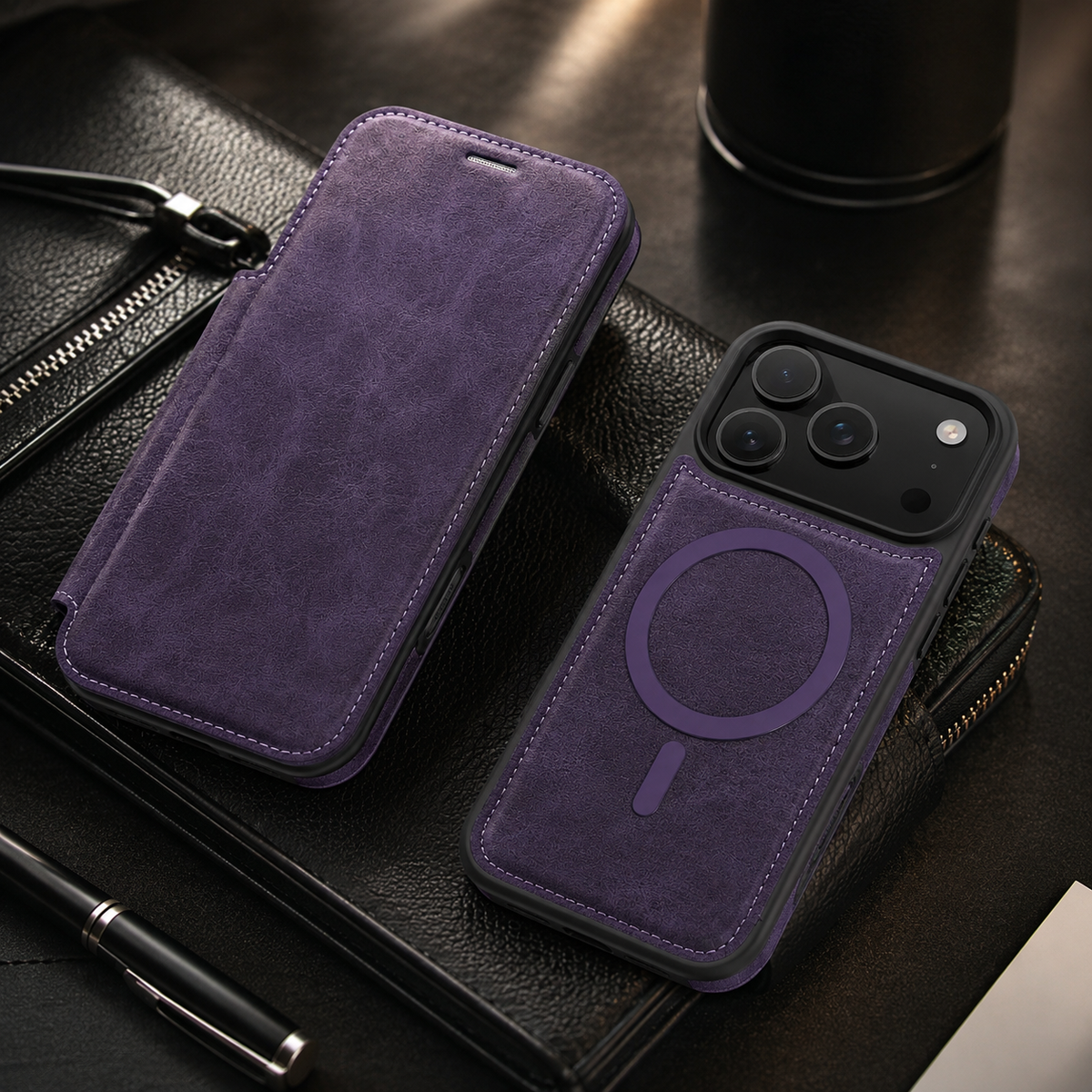 Premium iPhone Case Leather RFID Wallet Card Holder Magnetic Closure Kickstand Shockproof Protective Cover Anti Scratch Non Slip Wireless Charging Full Coverage