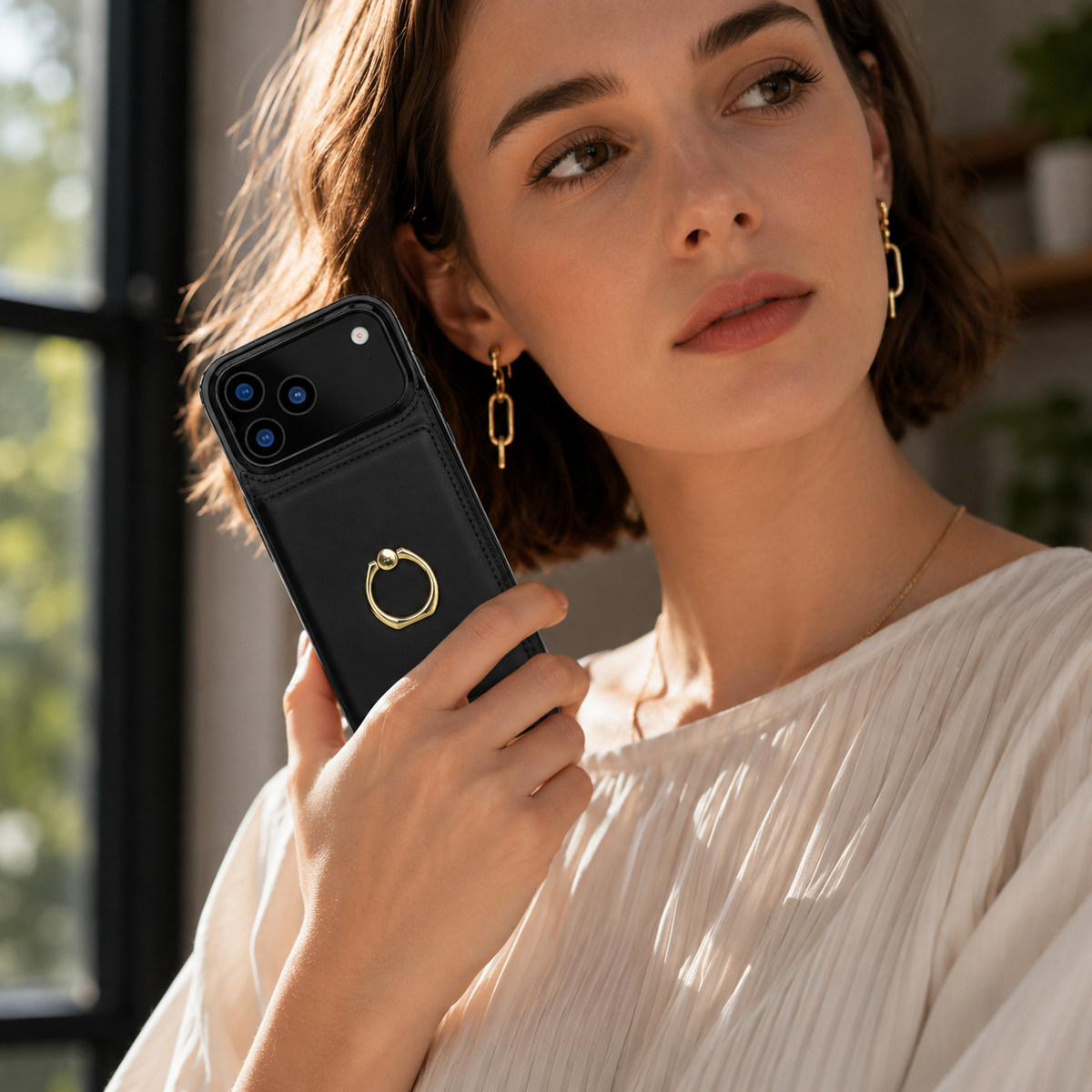 Premium iPhone Case Leather Wallet Card Holder Ring Kickstand Magnetic Closure Shockproof Protective Cover Anti Fingerprint Non Slip Full Coverage Slim