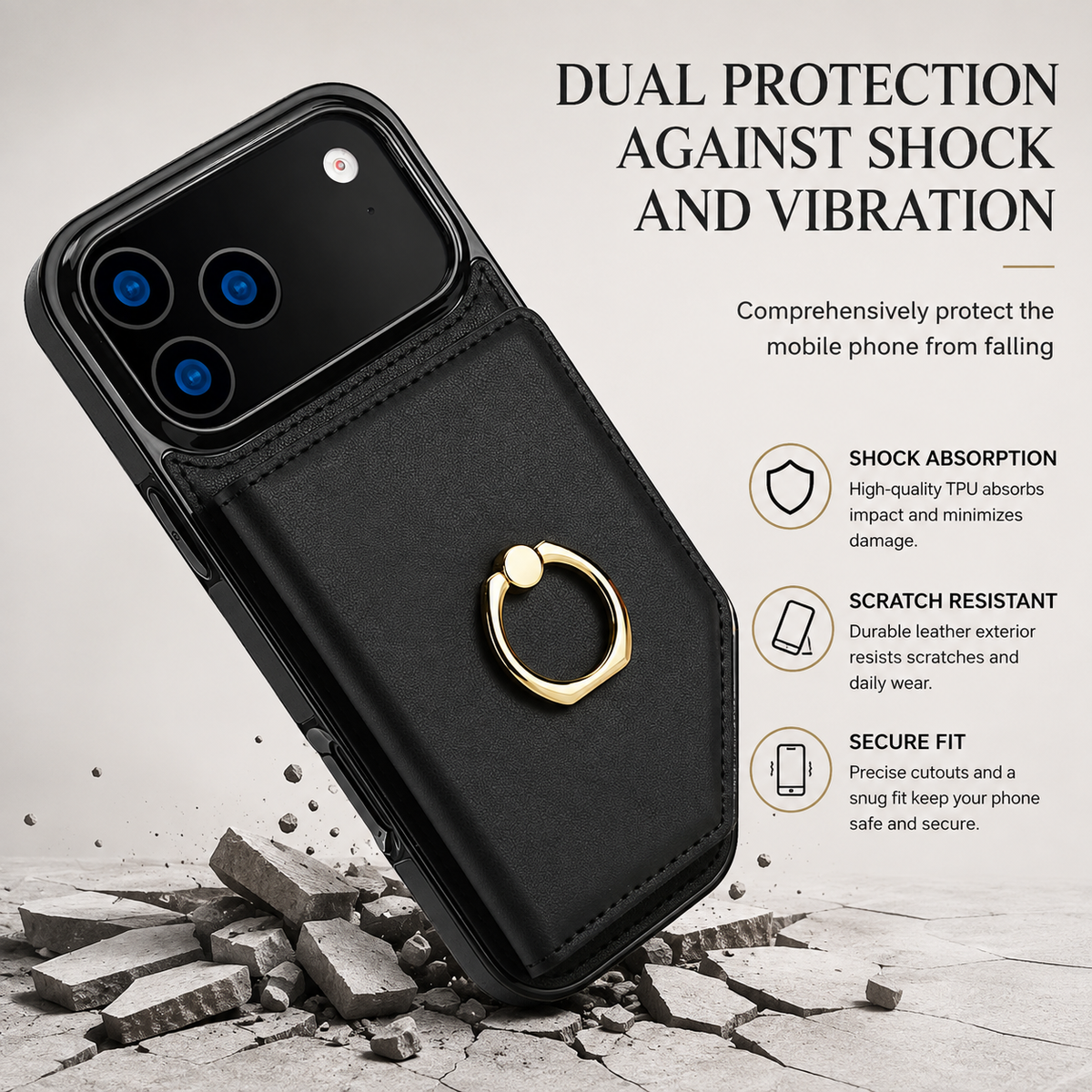 Premium iPhone Case Leather Wallet Card Holder Ring Kickstand Magnetic Closure Shockproof Protective Cover Anti Fingerprint Non Slip Full Coverage Slim