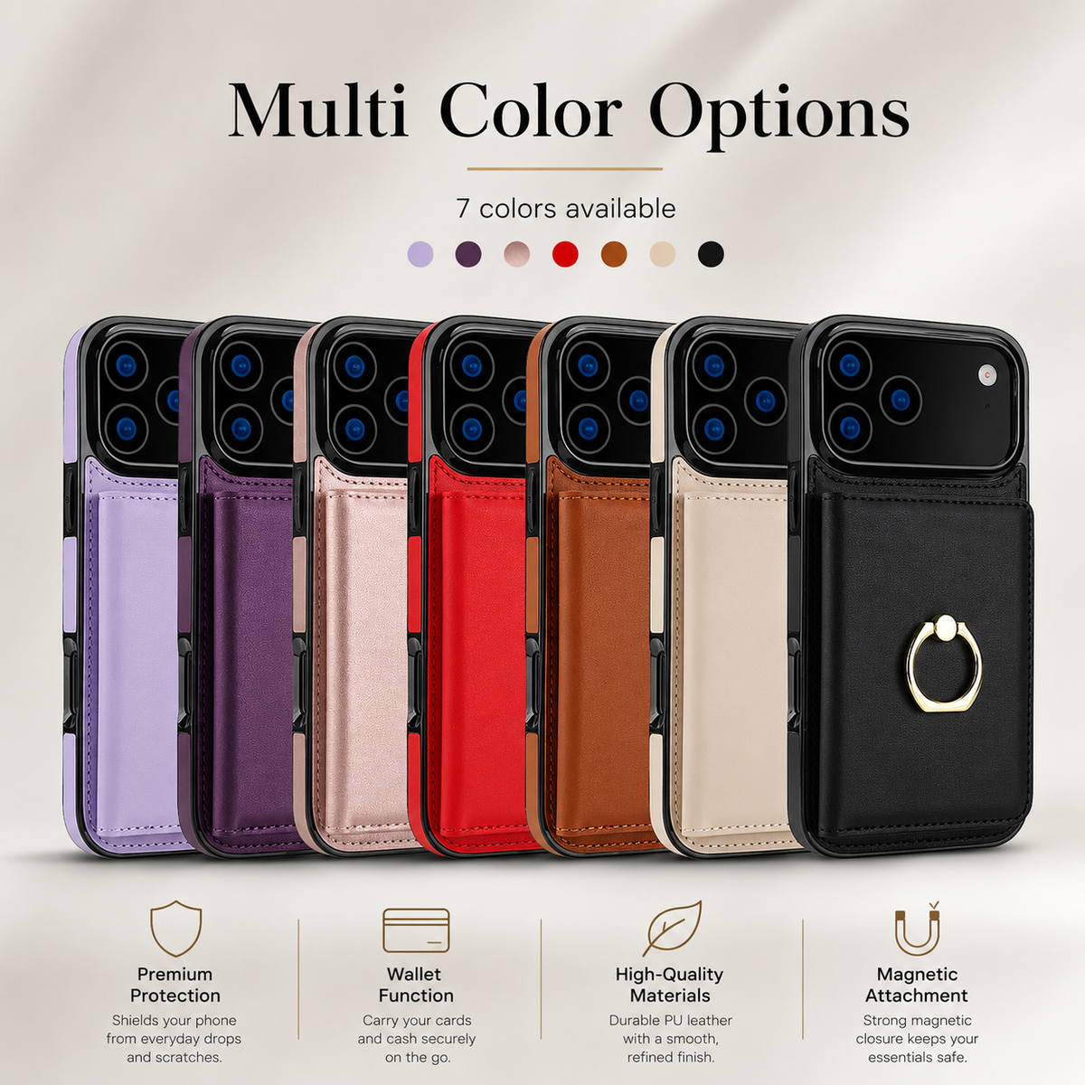 Premium iPhone Case Leather Wallet Card Holder Ring Kickstand Magnetic Closure Shockproof Protective Cover Anti Fingerprint Non Slip Full Coverage Slim
