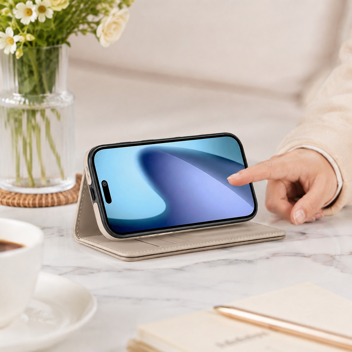 Premium iPhone Case Leather Wallet Card Holder Ring Kickstand Magnetic Closure Shockproof Protective Cover Anti Fingerprint Non Slip Full Coverage Slim