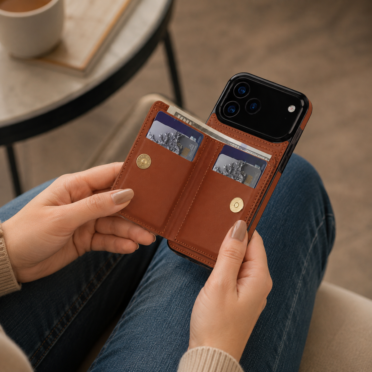 Premium iPhone Case Leather Wallet Card Holder Ring Kickstand Magnetic Closure Shockproof Protective Cover Anti Fingerprint Non Slip Full Coverage Slim
