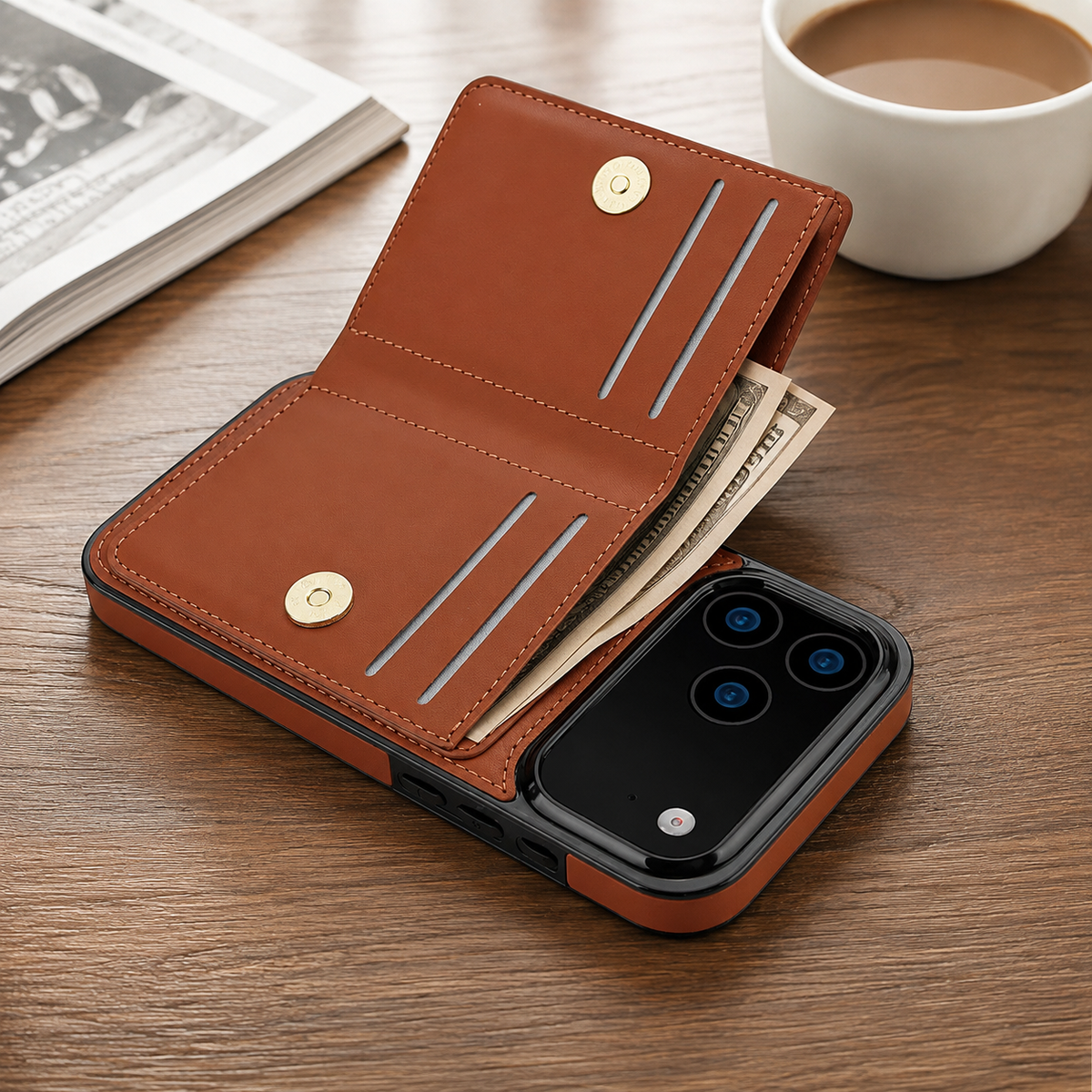 Premium iPhone Case Leather Wallet Card Holder Ring Kickstand Magnetic Closure Shockproof Protective Cover Anti Fingerprint Non Slip Full Coverage Slim