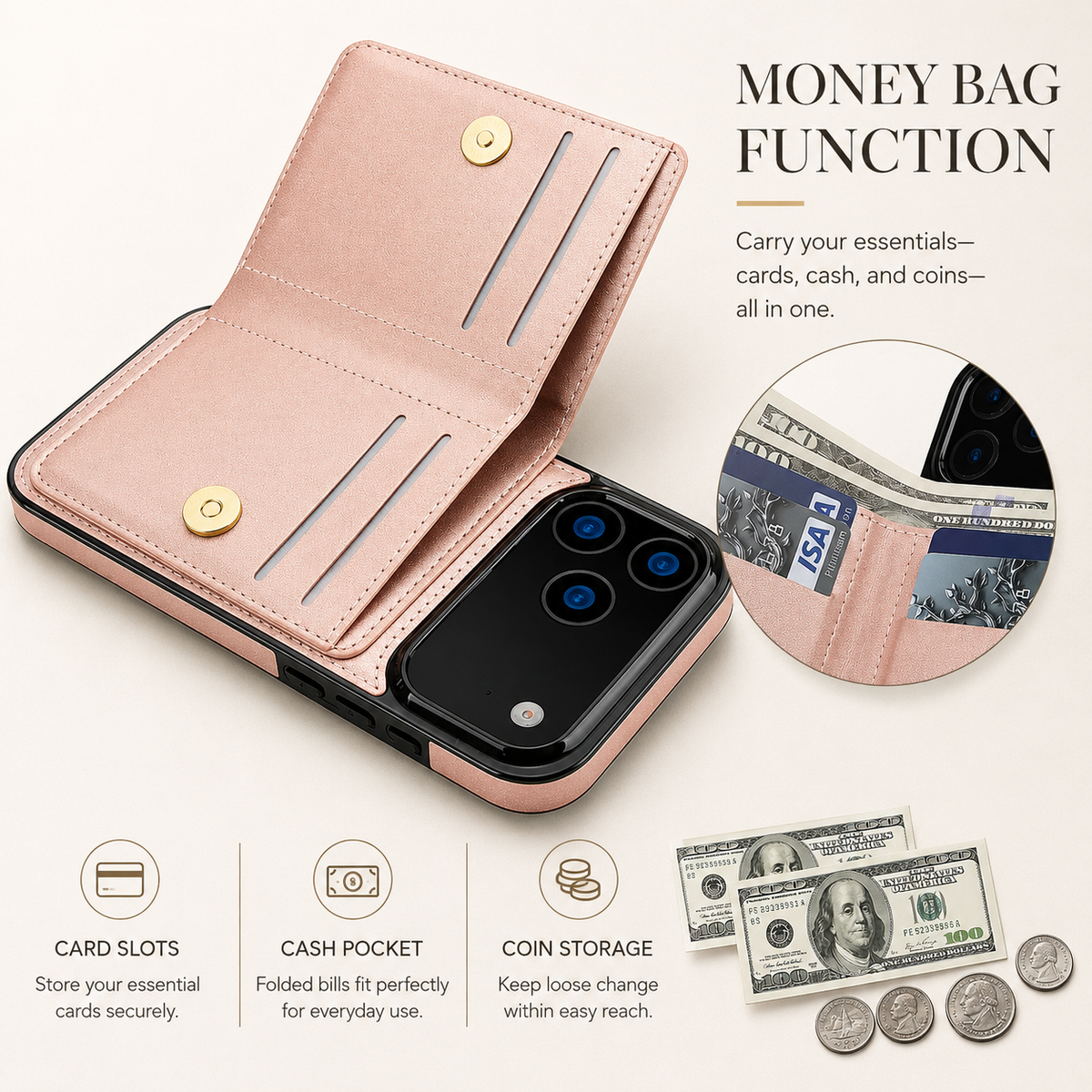 Premium iPhone Case Leather Wallet Card Holder Ring Kickstand Magnetic Closure Shockproof Protective Cover Anti Fingerprint Non Slip Full Coverage Slim