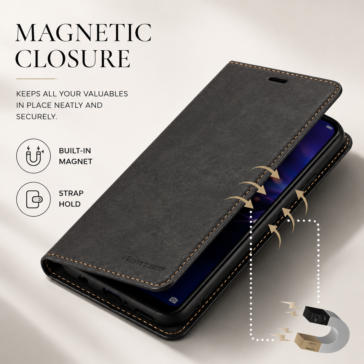 Premium iPhone Case Leather Wallet Flip Cover Card Holder Cash Pocket Magnetic Closure Kickstand Shockproof Protective Case Suede Slim Lightweight Full Coverage