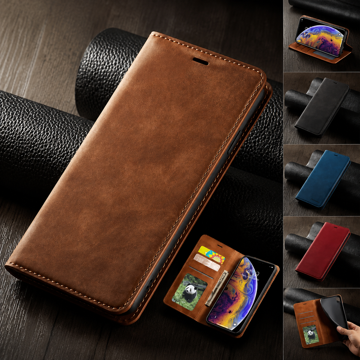 Premium iPhone Case Leather Wallet Flip Cover Card Holder Cash Pocket Magnetic Closure Kickstand Shockproof Protective Case Suede Slim Lightweight Full Coverage