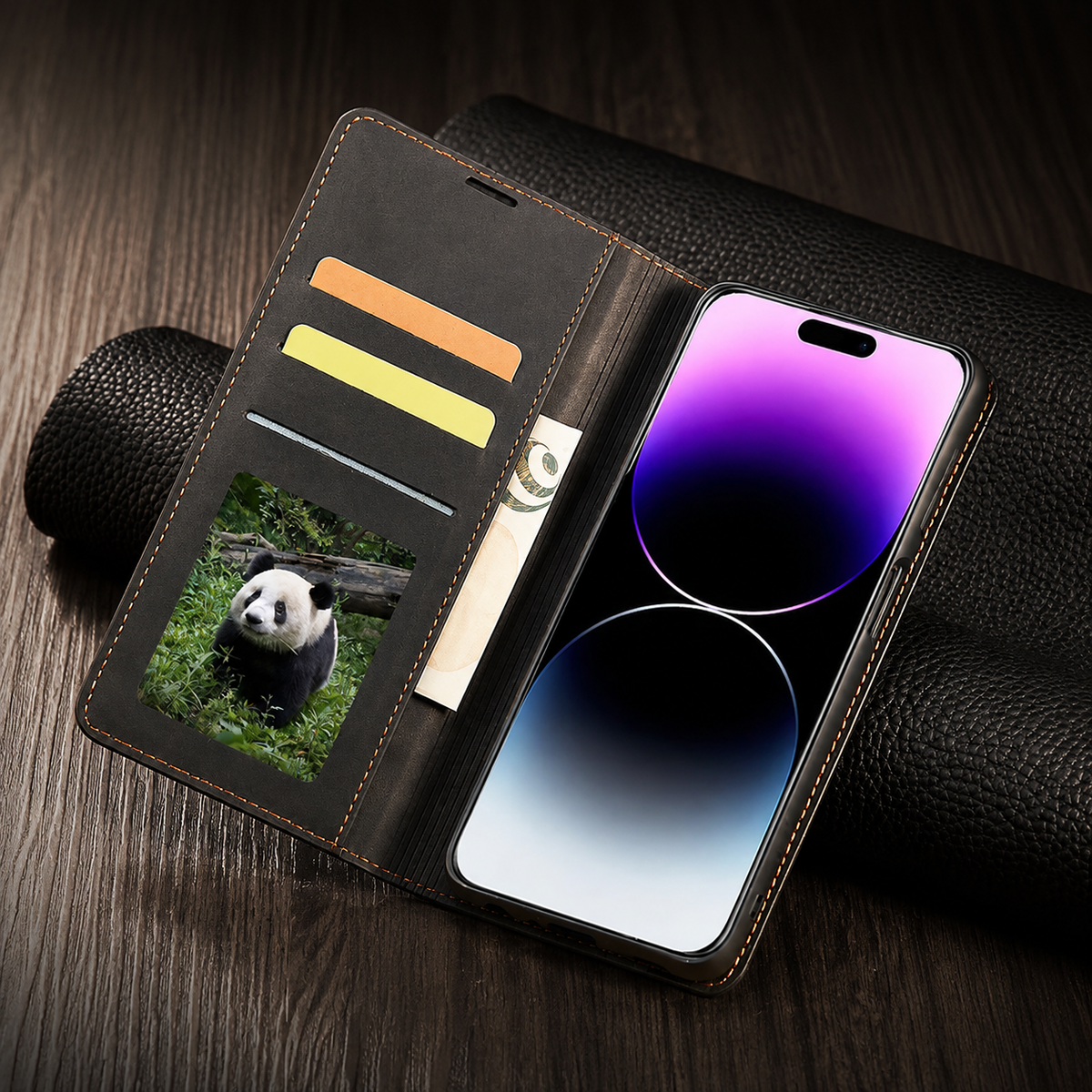 Premium iPhone Case Leather Wallet Flip Cover Card Holder Cash Pocket Magnetic Closure Kickstand Shockproof Protective Case Suede Slim Lightweight Full Coverage