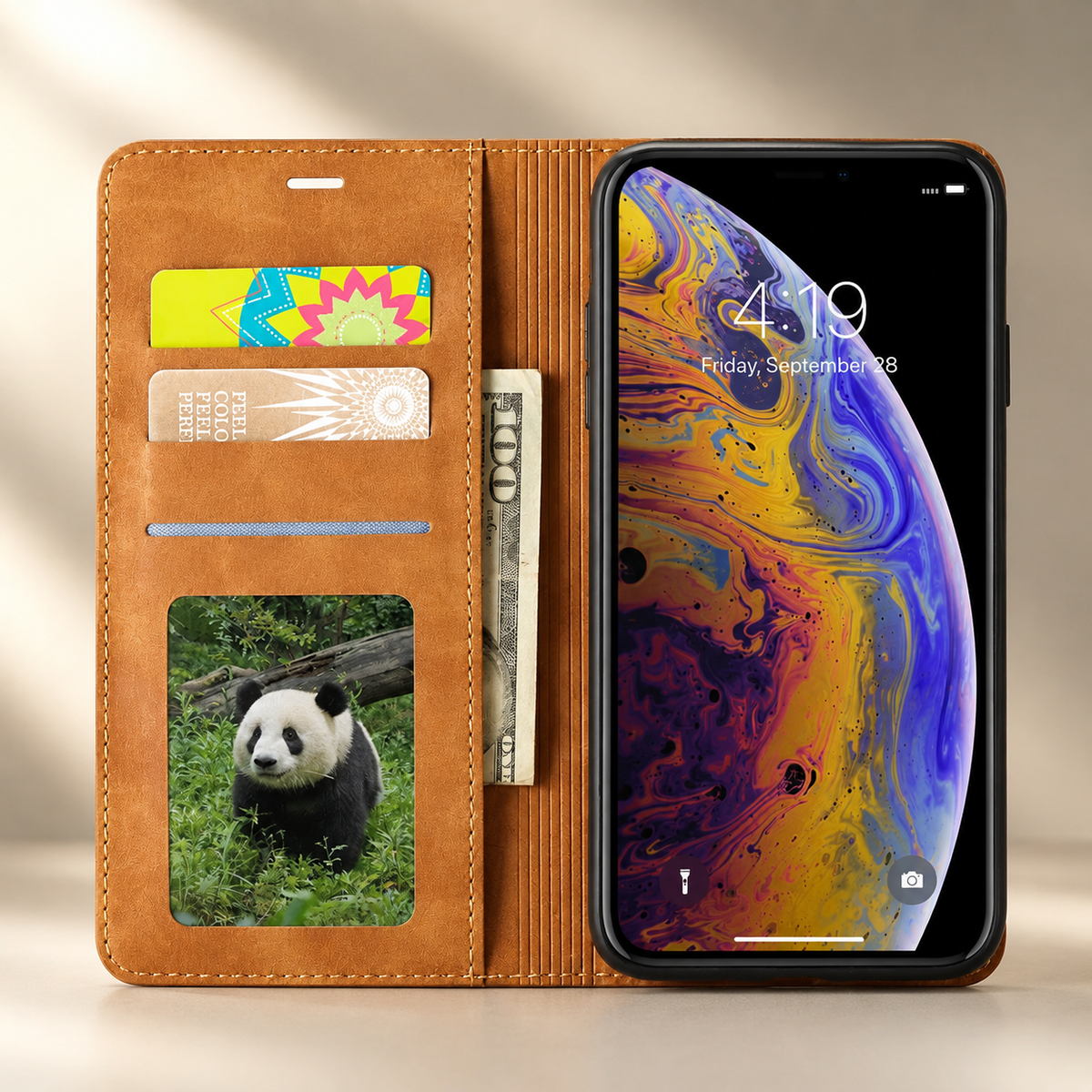 Premium iPhone Case Leather Wallet Flip Cover Card Holder Cash Pocket Magnetic Closure Kickstand Shockproof Protective Case Suede Slim Lightweight Full Coverage