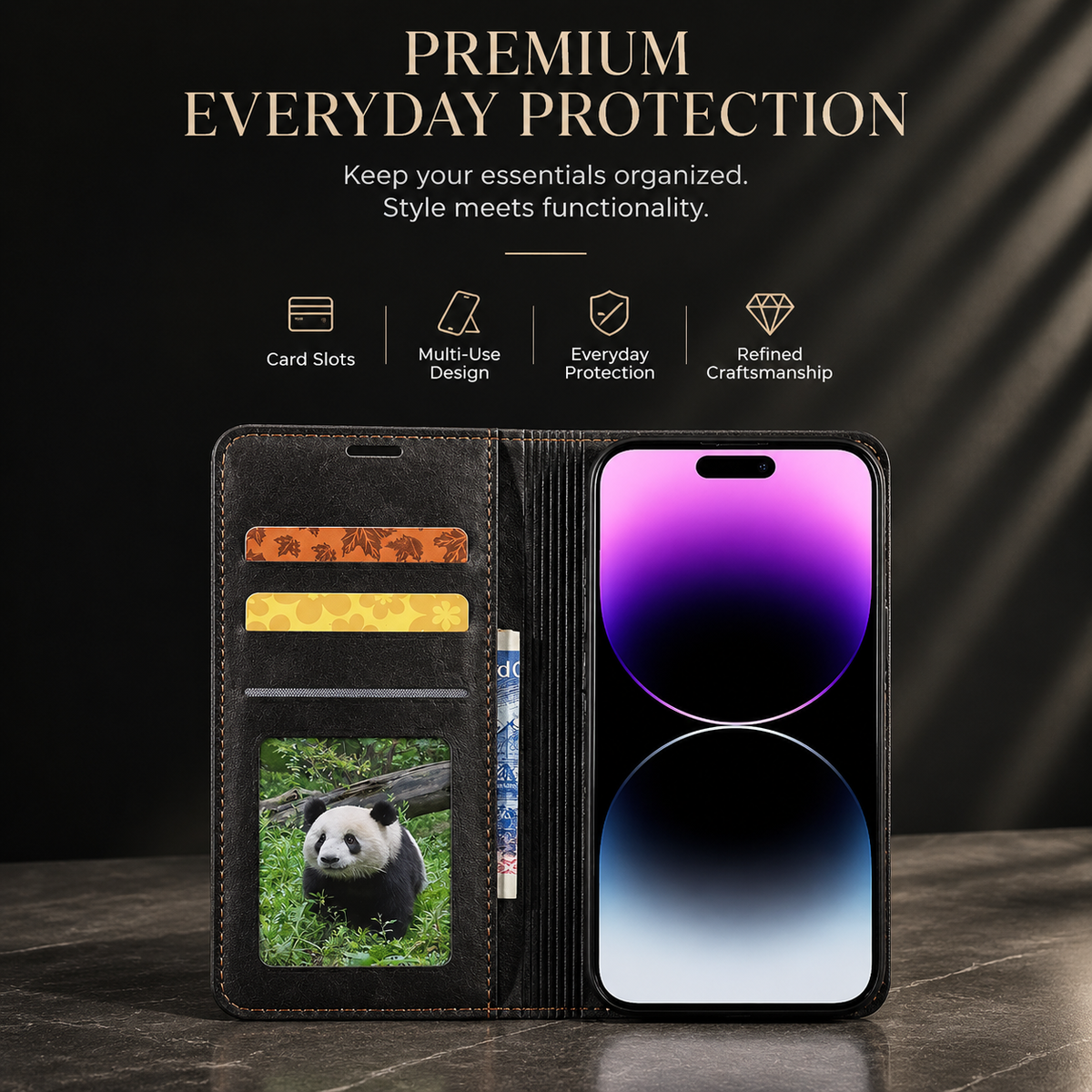 Premium iPhone Case Leather Wallet Flip Cover Card Holder Cash Pocket Magnetic Closure Kickstand Shockproof Protective Case Suede Slim Lightweight Full Coverage