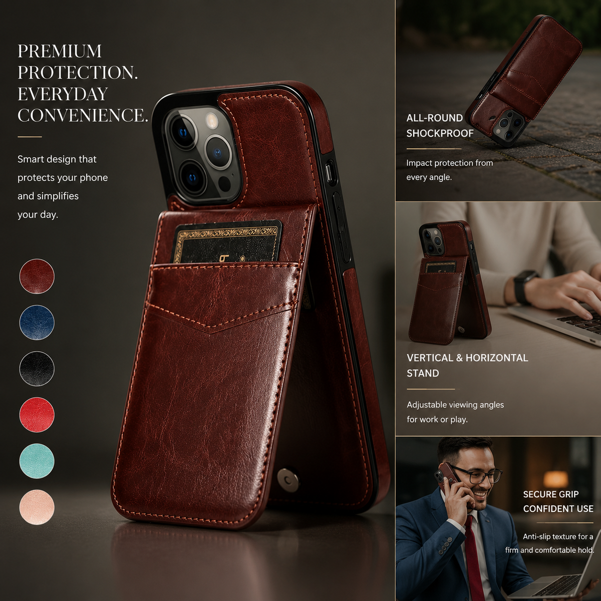Premium iPhone Case Leather Wallet Flip Cover Card Holder Kickstand Shockproof Protective Case Anti Fingerprint Anti Scratch Non Slip Slim Full Access Retro