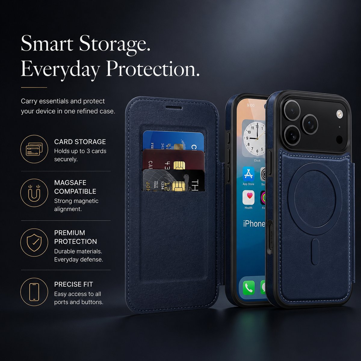 Premium iPhone Case Leather Wallet Flip Cover Card Holder Magnetic Charging Protective Case Full Coverage Anti Scratch Slim Business Magnetic Closure