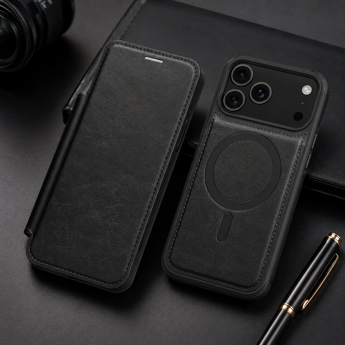Premium iPhone Case Leather Wallet Flip Cover Card Holder Magnetic Charging Protective Case Full Coverage Anti Scratch Slim Business Magnetic Closure