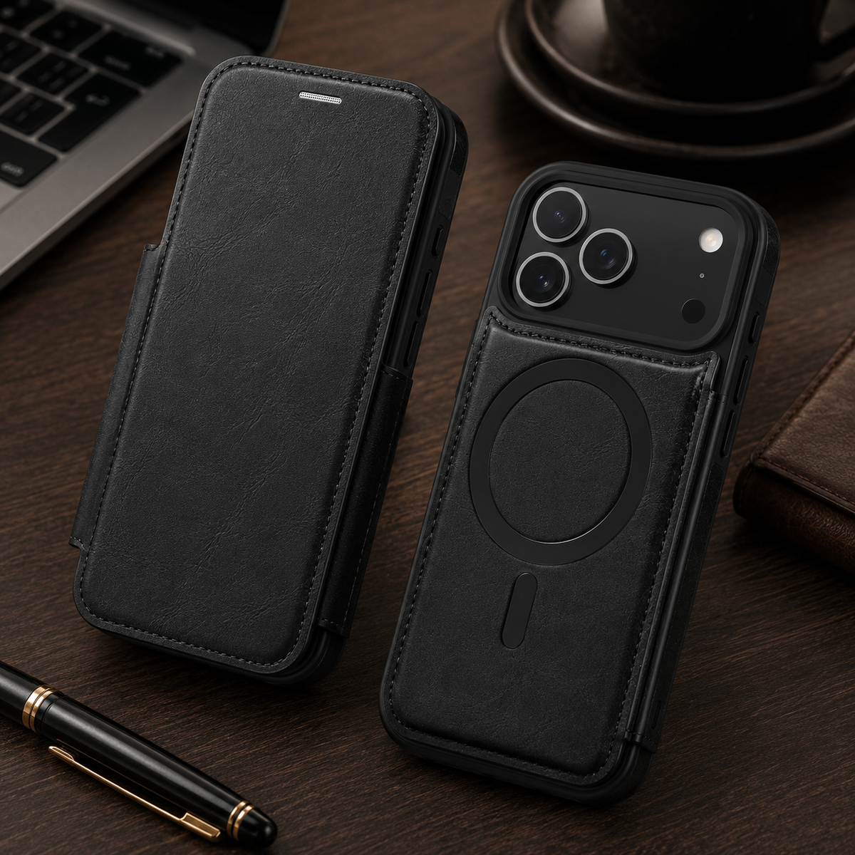 Premium iPhone Case Leather Wallet Flip Cover Card Holder Magnetic Charging Protective Case Full Coverage Anti Scratch Slim Business Magnetic Closure