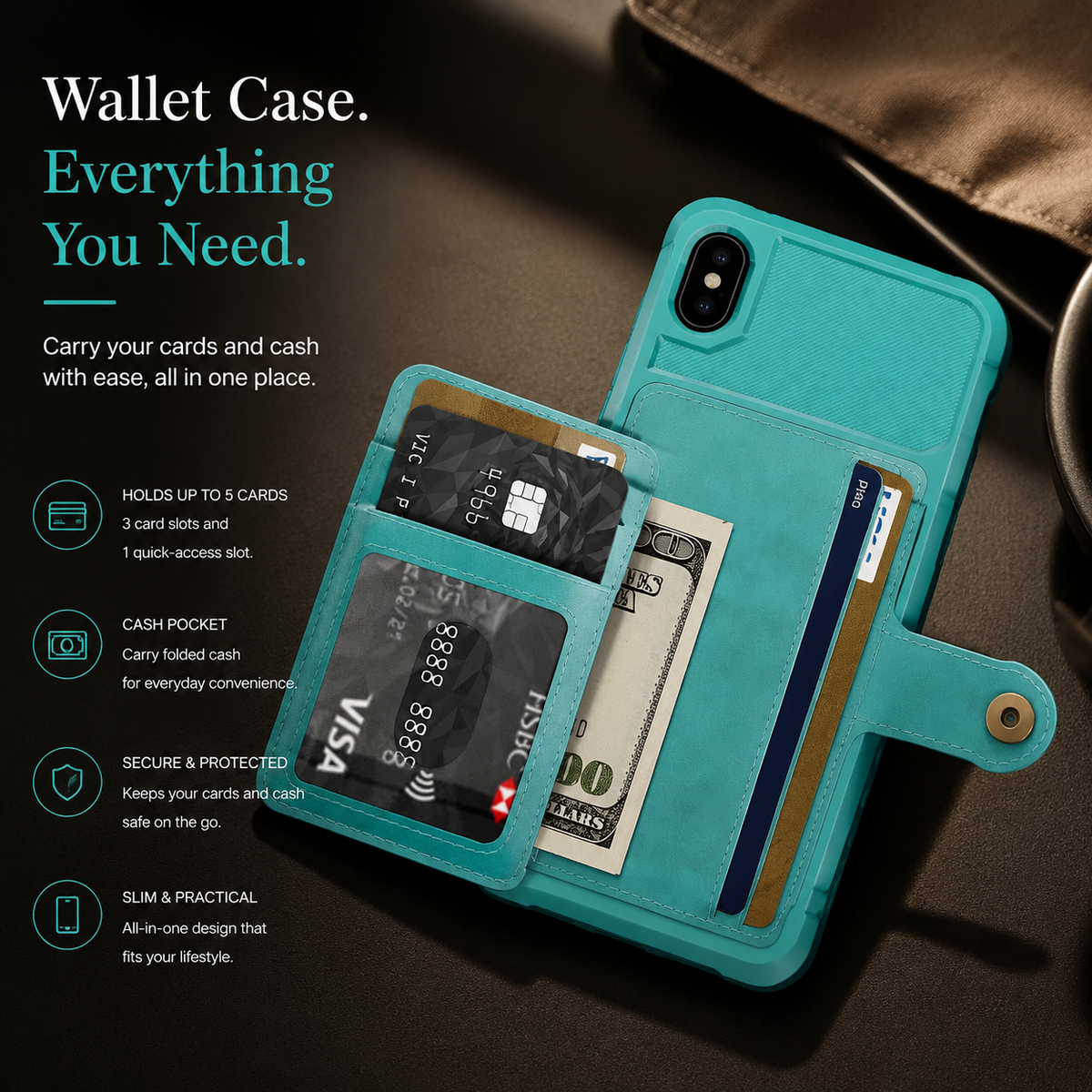 Premium iPhone Case Leather Wallet Flip Cover Card Holder Magnetic Closure Kickstand Shockproof Anti Drop Protective Case Anti Fingerprint Anti Scratch Slim