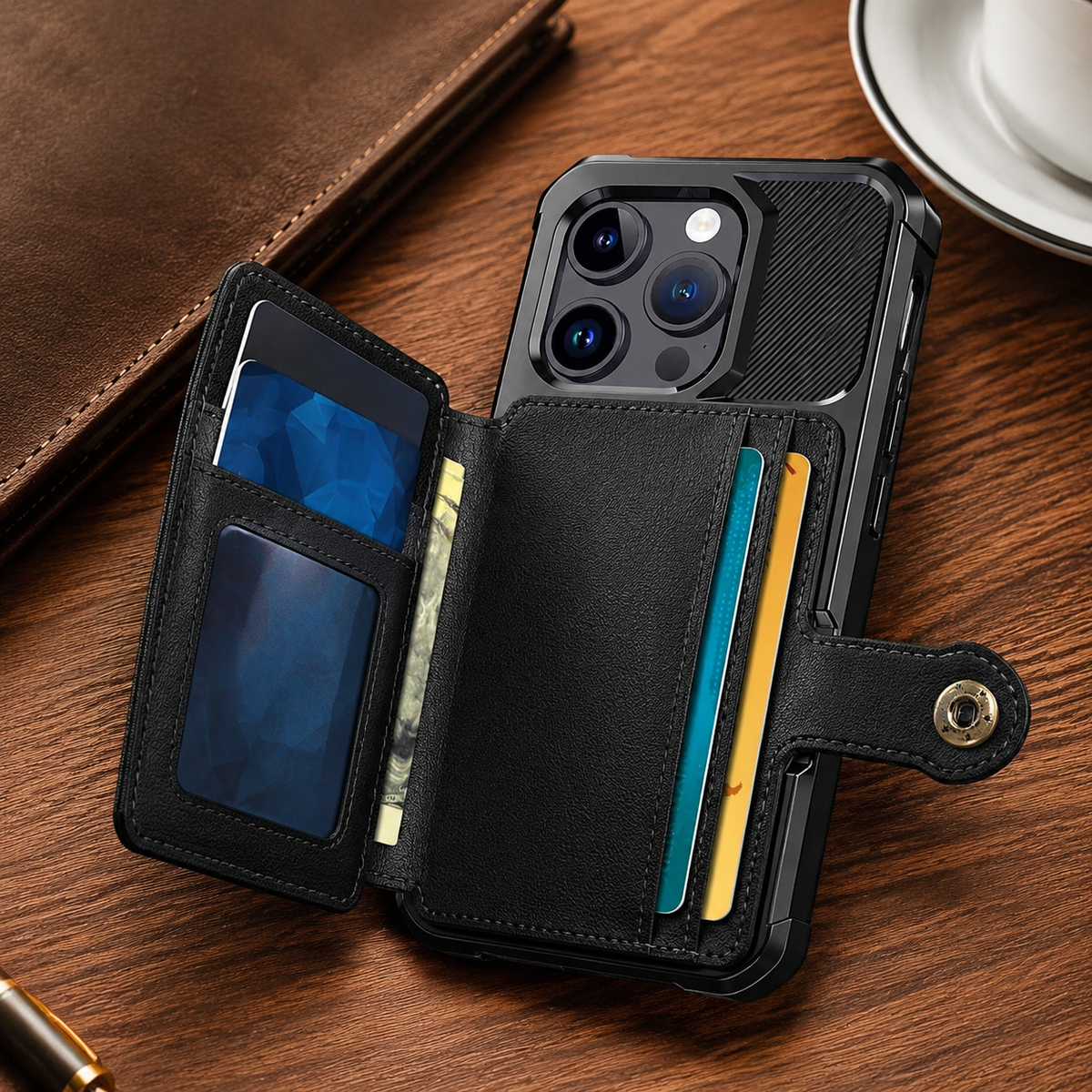 Premium iPhone Case Leather Wallet Flip Cover Card Holder Magnetic Closure Kickstand Shockproof Anti Drop Protective Case Anti Fingerprint Anti Scratch Slim