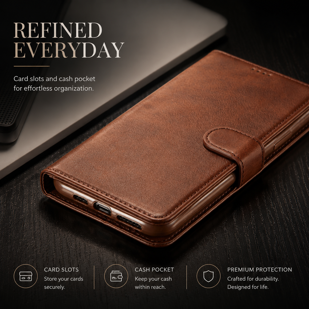 Premium iPhone Case Leather Wallet Flip Cover Card Slot Magnetic Closure Shockproof Full Body Protection Slim Elegant Kickstand Protective Design