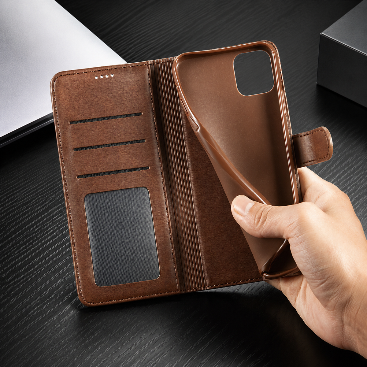 Premium iPhone Case Leather Wallet Flip Cover Card Slot Magnetic Closure Shockproof Full Body Protection Slim Elegant Kickstand Protective Design