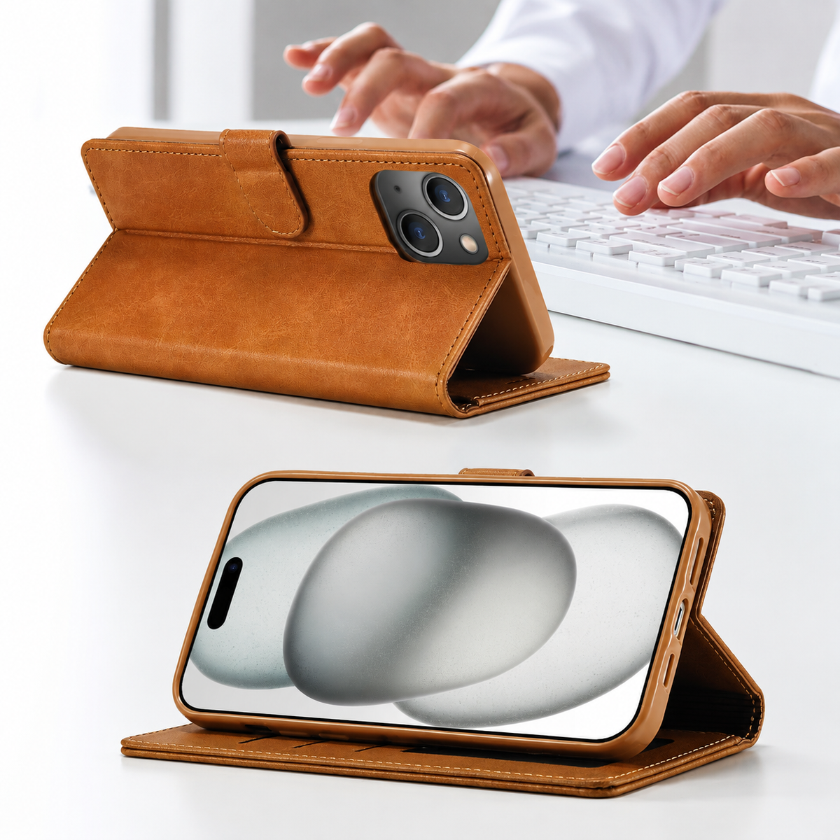 Premium iPhone Case Leather Wallet Flip Cover Card Slot Magnetic Closure Shockproof Full Body Protection Slim Elegant Kickstand Protective Design