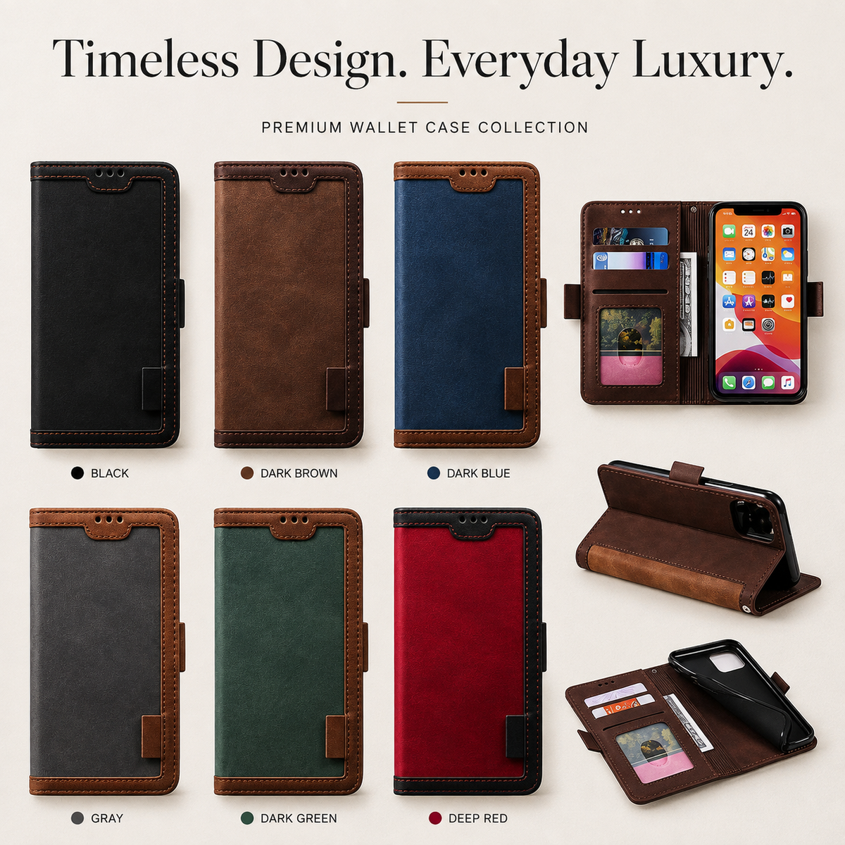 Premium iPhone Case Leather Wallet Flip Cover Card Slots Magnetic Closure Shockproof Full Body Protection Slim Elegant Kickstand Protective Design