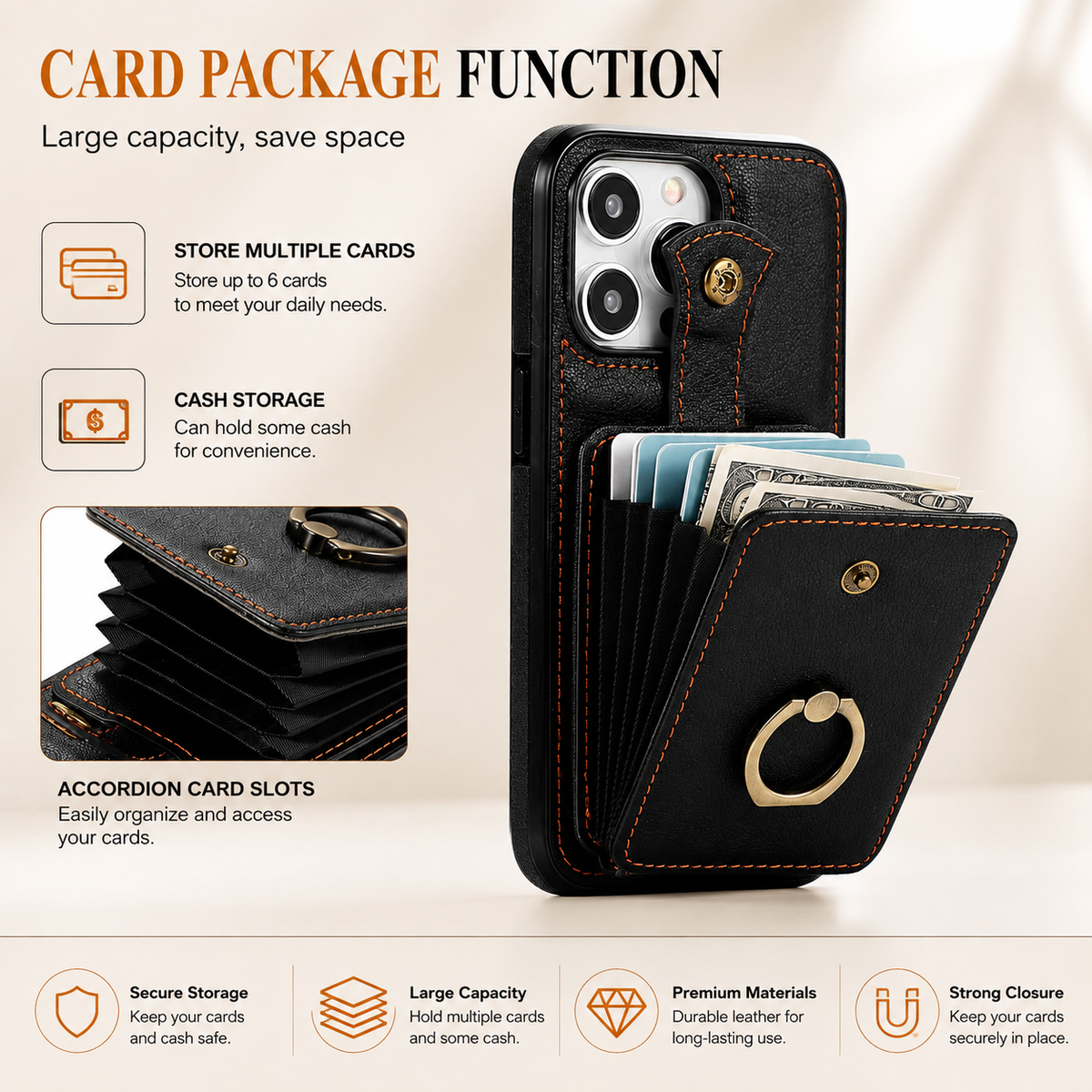 Premium iPhone Case Leather Wallet RFID Card Holder Ring Kickstand Lanyard Shockproof Protective Cover Anti Fingerprint Anti Scratch Non Slip Secure Storage