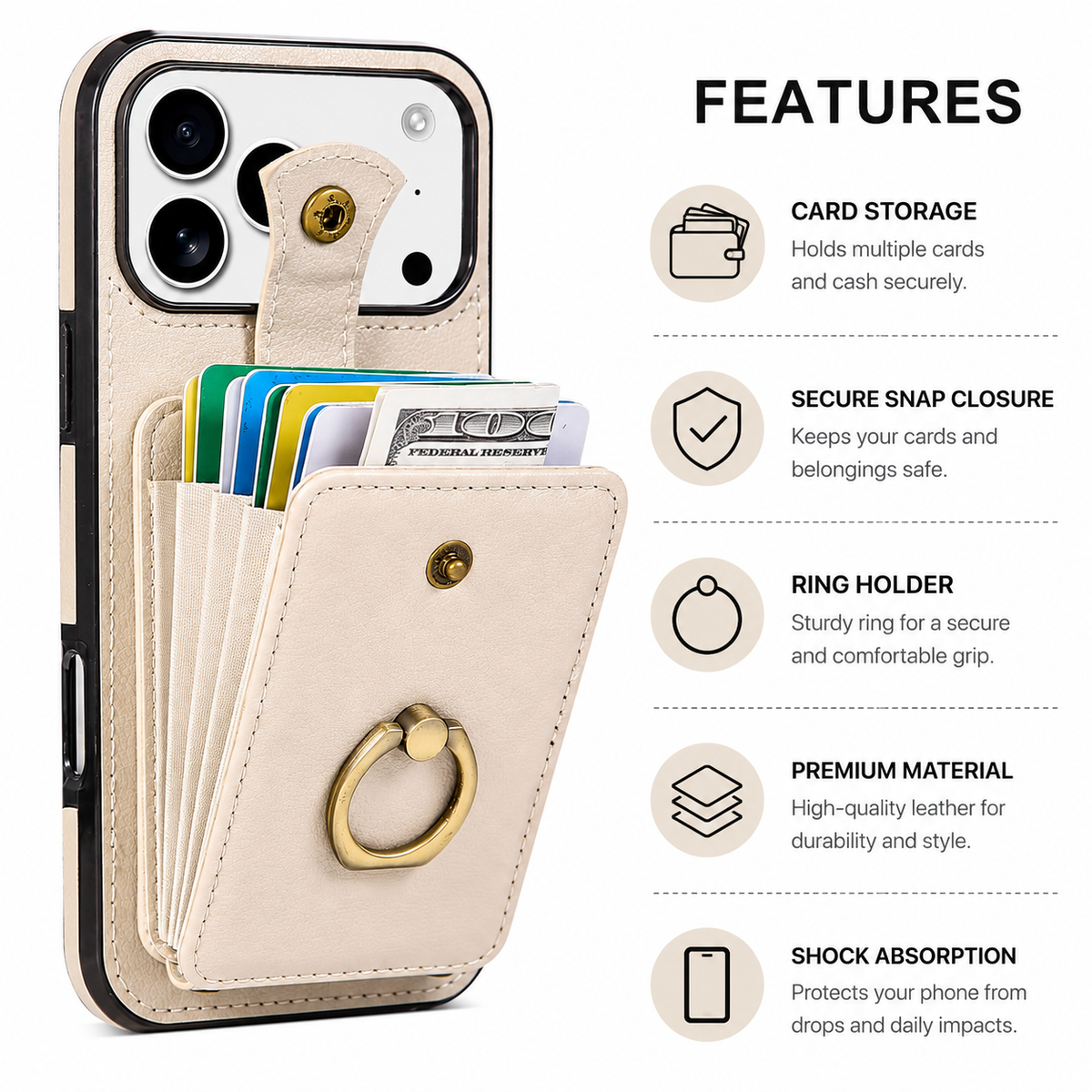 Premium iPhone Case Leather Wallet RFID Card Holder Ring Kickstand Lanyard Shockproof Protective Cover Anti Fingerprint Anti Scratch Non Slip Secure Storage