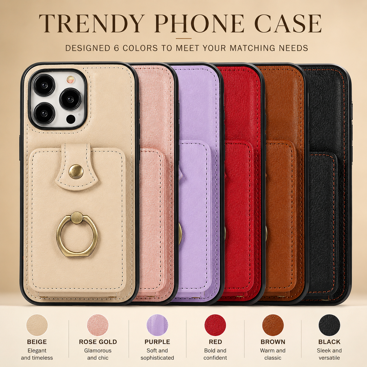 Premium iPhone Case Leather Wallet RFID Card Holder Ring Kickstand Lanyard Shockproof Protective Cover Anti Fingerprint Anti Scratch Non Slip Secure Storage