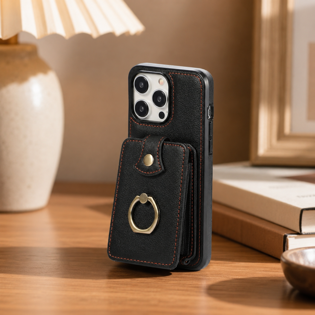 Premium iPhone Case Leather Wallet RFID Card Holder Ring Kickstand Lanyard Shockproof Protective Cover Anti Fingerprint Anti Scratch Non Slip Secure Storage