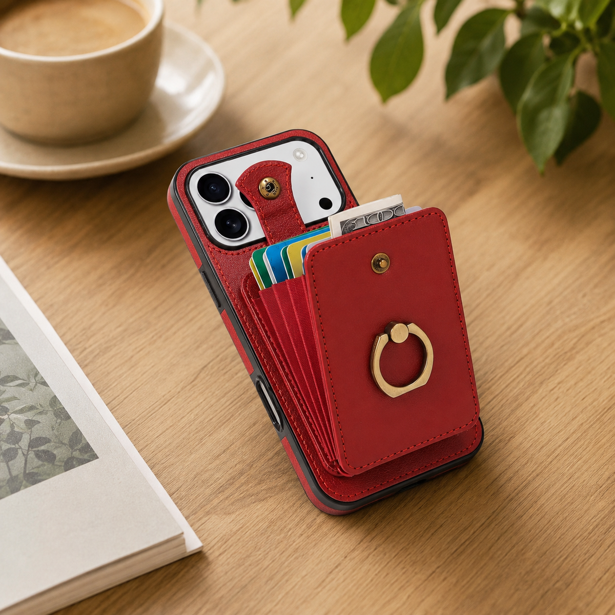Premium iPhone Case Leather Wallet RFID Card Holder Ring Kickstand Lanyard Shockproof Protective Cover Anti Fingerprint Anti Scratch Non Slip Secure Storage